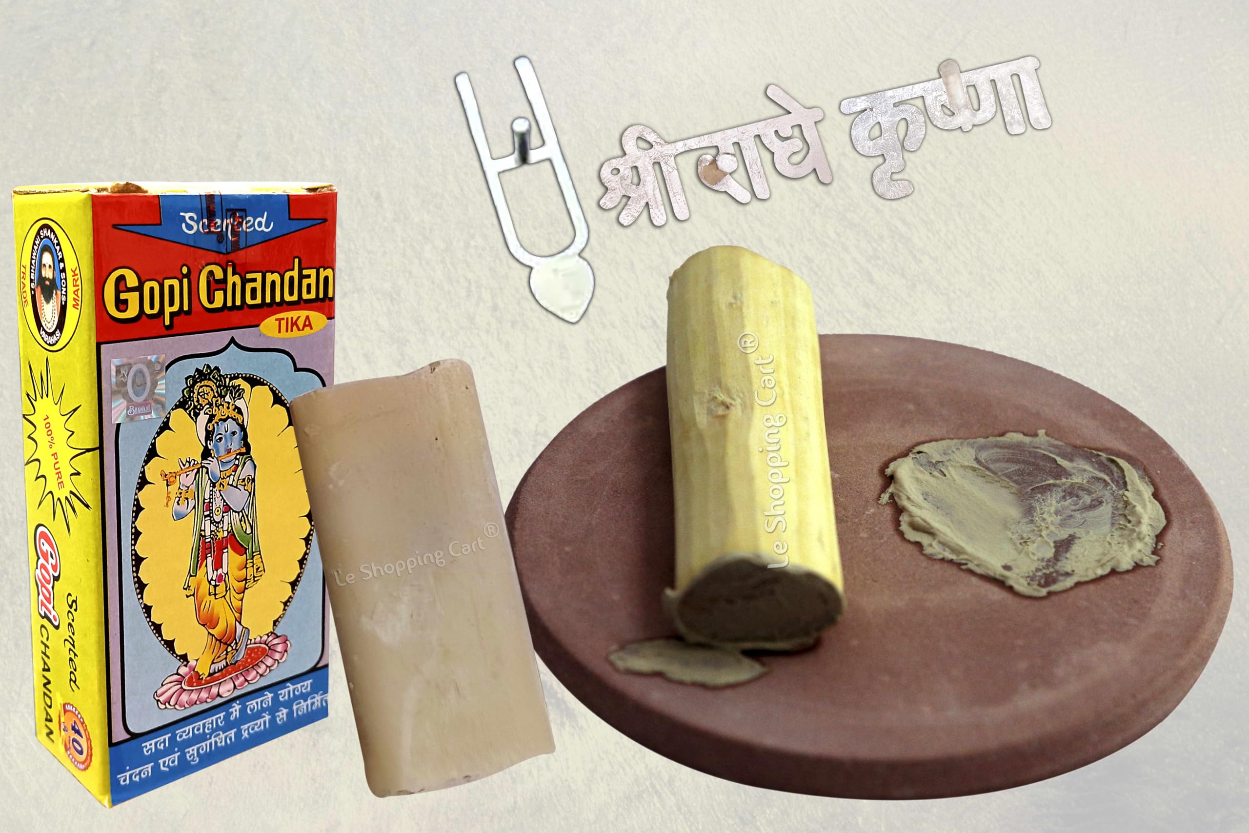 LE SHOPPING CART : Stone Chandan Rubbing Chakla Pata for preparing Sandal Wood Paste with White Sandalwood Stick (50gr) with Gopi Chandan Tika (140gr) & 3 Different Tilak Stamp for Puja Tilak
