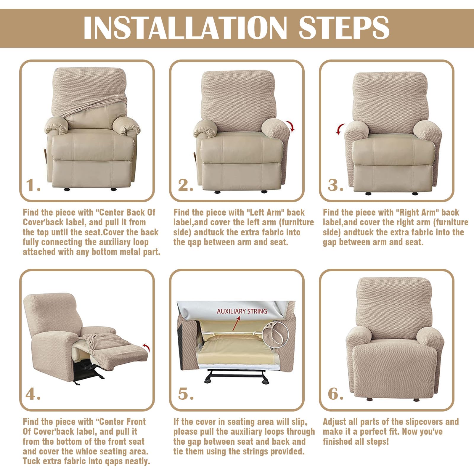 Lot de 4 Housses de Fauteuil de Relaxation 1 Place - Extensible - avec Poches - pour Fauteuil TV et Fauteuil de Relaxation - Antidérapante - Haute élasticité - avec Fond élastique