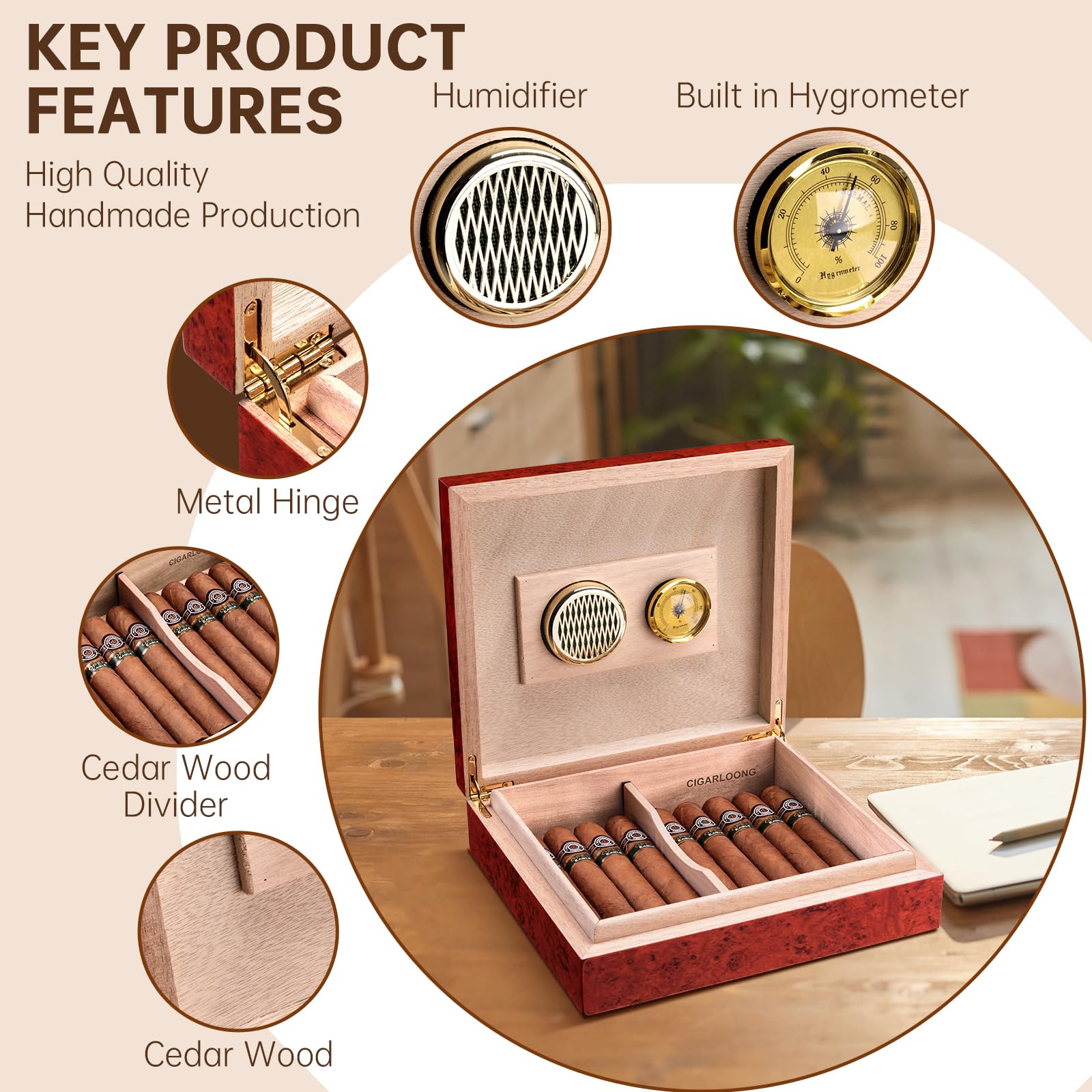 Slege Cave à Cigares Artisanale, Cave Cigare, Boîte à Cigare Cèdre Espagnol, vec Séparateur, Humidificateur Cigare,Hygromètre,Cadeaux pour Hommes Humidor,Français Manuel(10-30 cigares