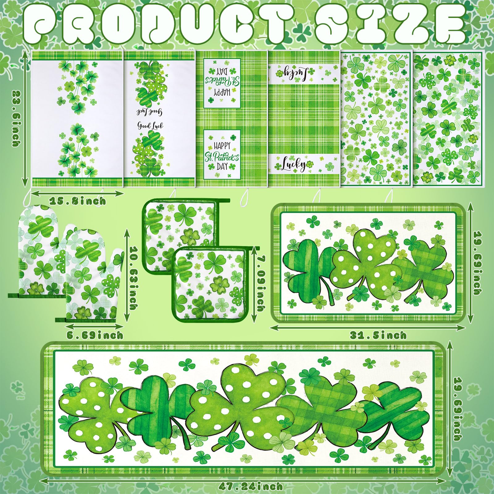 Bencailor 12-teiliges St. Patrick's Day Küchendekor-Sets, 6 x St. Patricks Day-Handtücher, 2 x Küchenteppich und Matte, 2 x Kleeblatt-Topfhalter, 2 x grüne Ofenhandschuhe für irische Partys