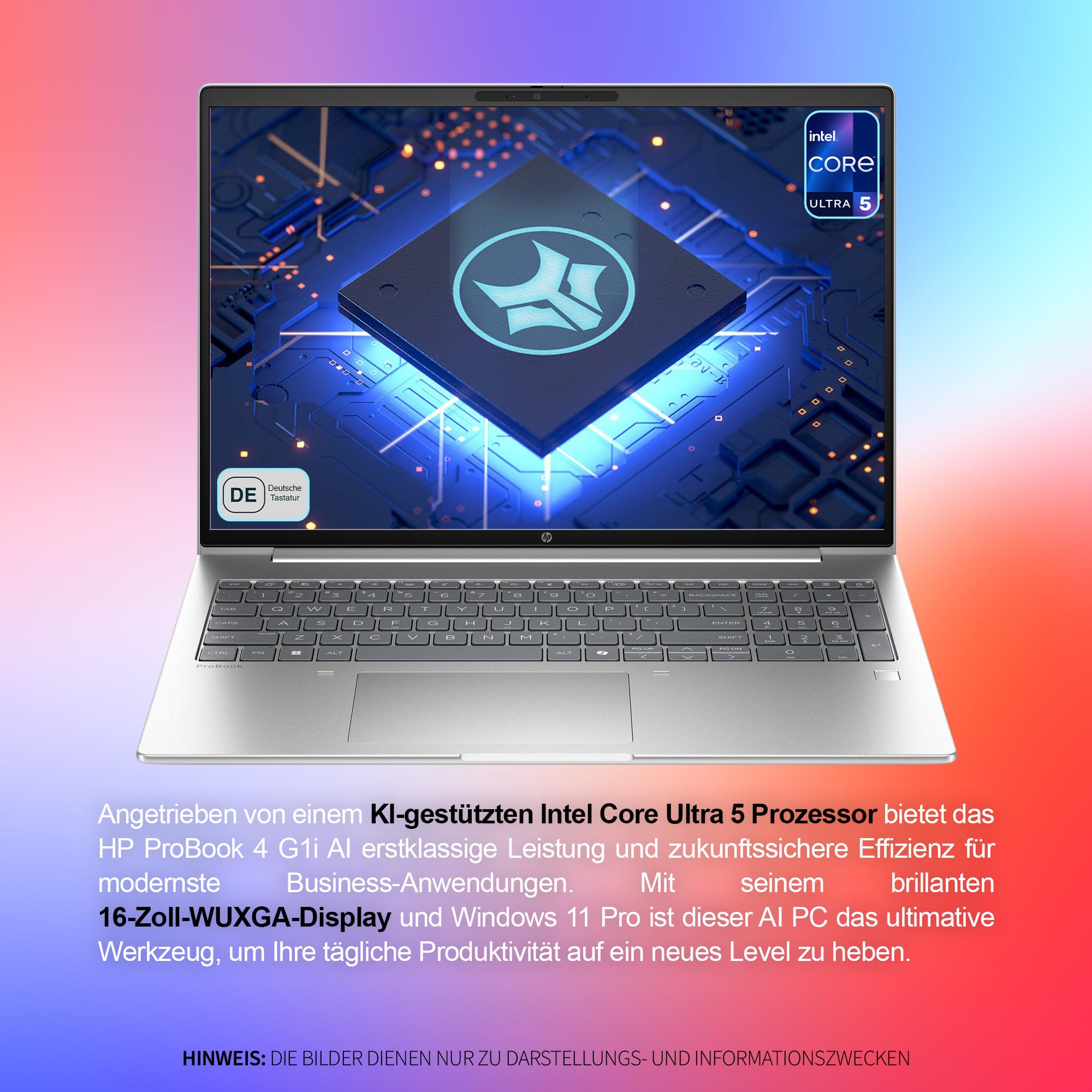 HP ProBook 4 G1i AI Business Laptop, Intel Core Ultra 5 225U, 16 GB DDR5 RAM, 512 GB SSD, 16" WUXGA IPS (1920x1200), Fingerprint, Deutsches Tastatur Layout, Windows 11 Pro, Silber