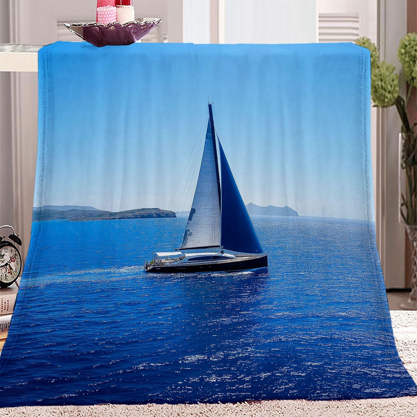 Koc do wtulania się, flanelowy, koc polarowy, 200 x 220 cm, nowoczesny design łodzi żaglowej, niebieski koc do mieszkania dla dzieci, chłopców, dziewczynek, do domu, salonu, dekoracja na kanapę