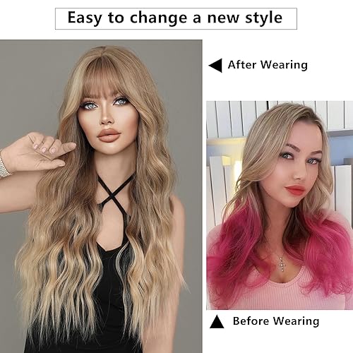 Miniatura 3 de 7JHH WIGS Peluca larga ondulada con flequillo de 26 pulgadas, rubio ceniza natural, resistente al calor, pelucas rizadas de fibra sintética para