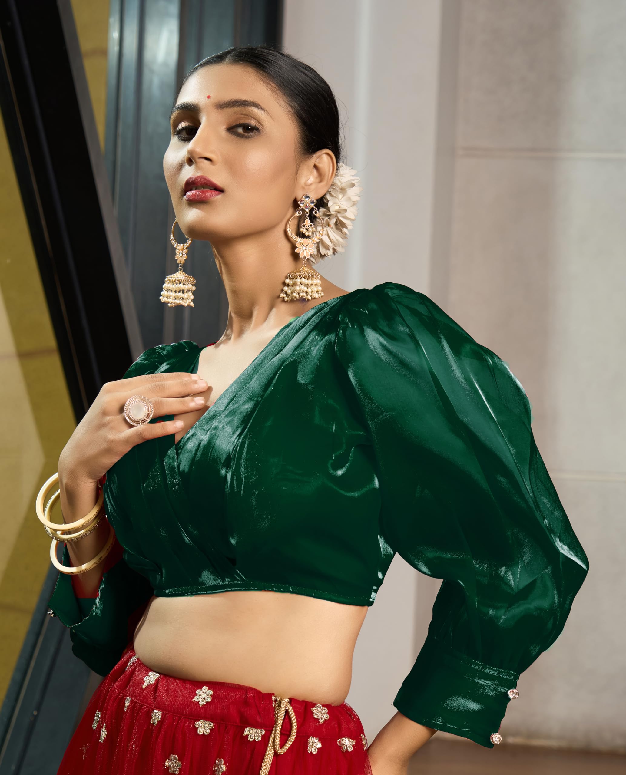 Pujia Mills Women's Rafale Silk Full Balloon Sleeve V Neck Blouse(Gangu) (Green, 40)