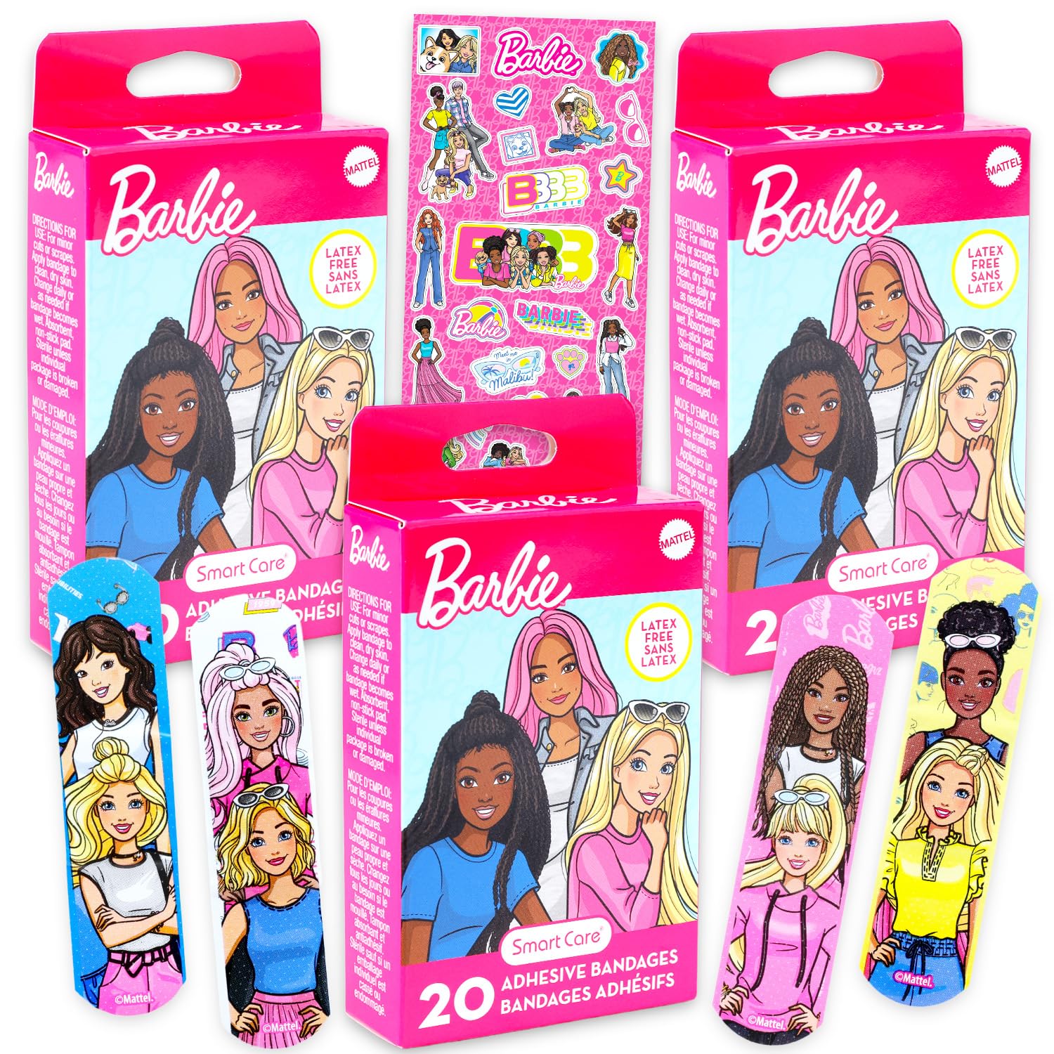 Barbie Juego de vendas para niños – El paquete incluye 3 cajas de 20 adhesivos coloridos y calcomanías | Suministros de botiquín de primeros auxilios Barbie para niñas y niños