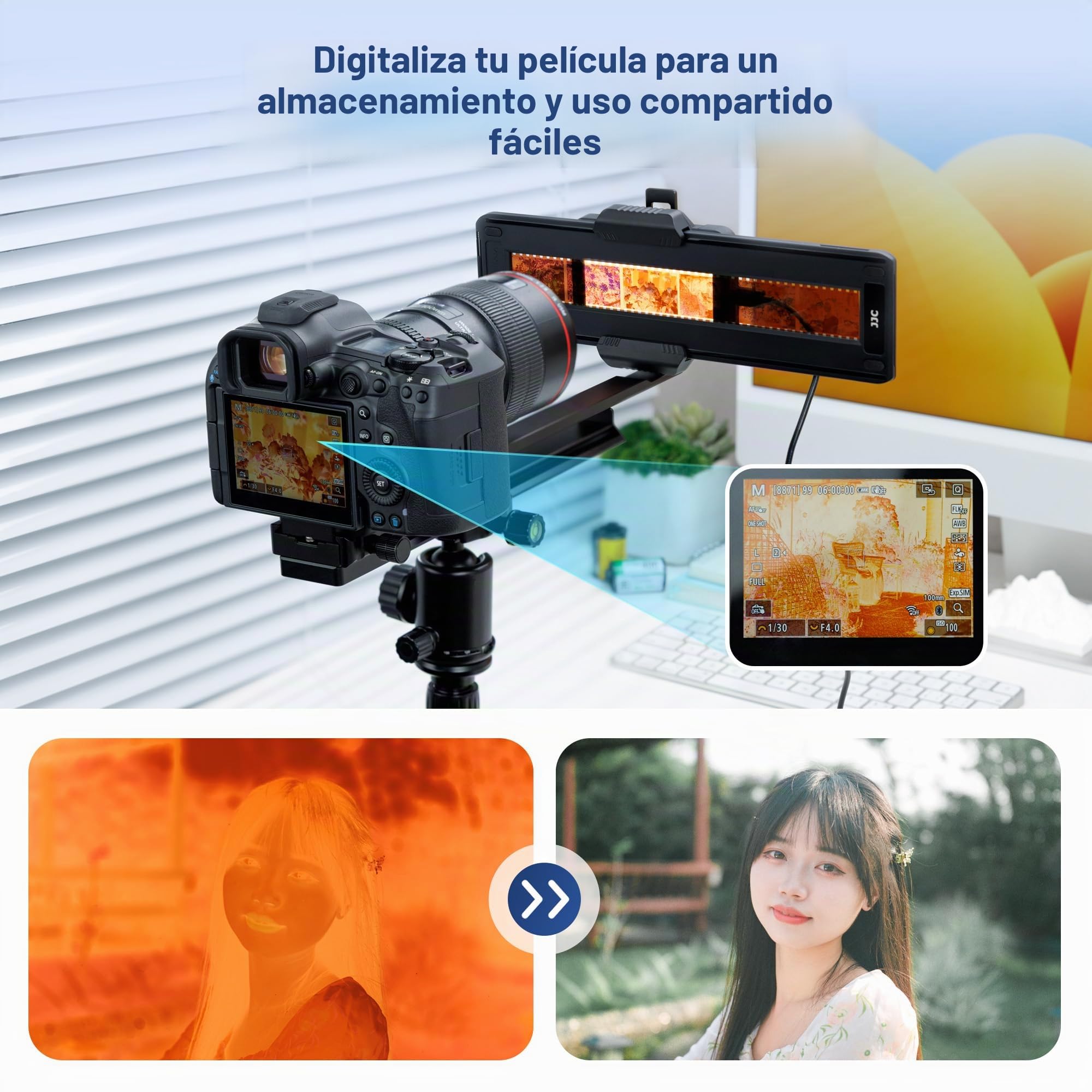 JJC Adaptador Digitalizador de Película con Varilla Ajustable y Juego de Luz LED Convierte Película Negativa de 35mm y Diapositivas a Digital JPEG para Canon Sony Nikon Lente Macro