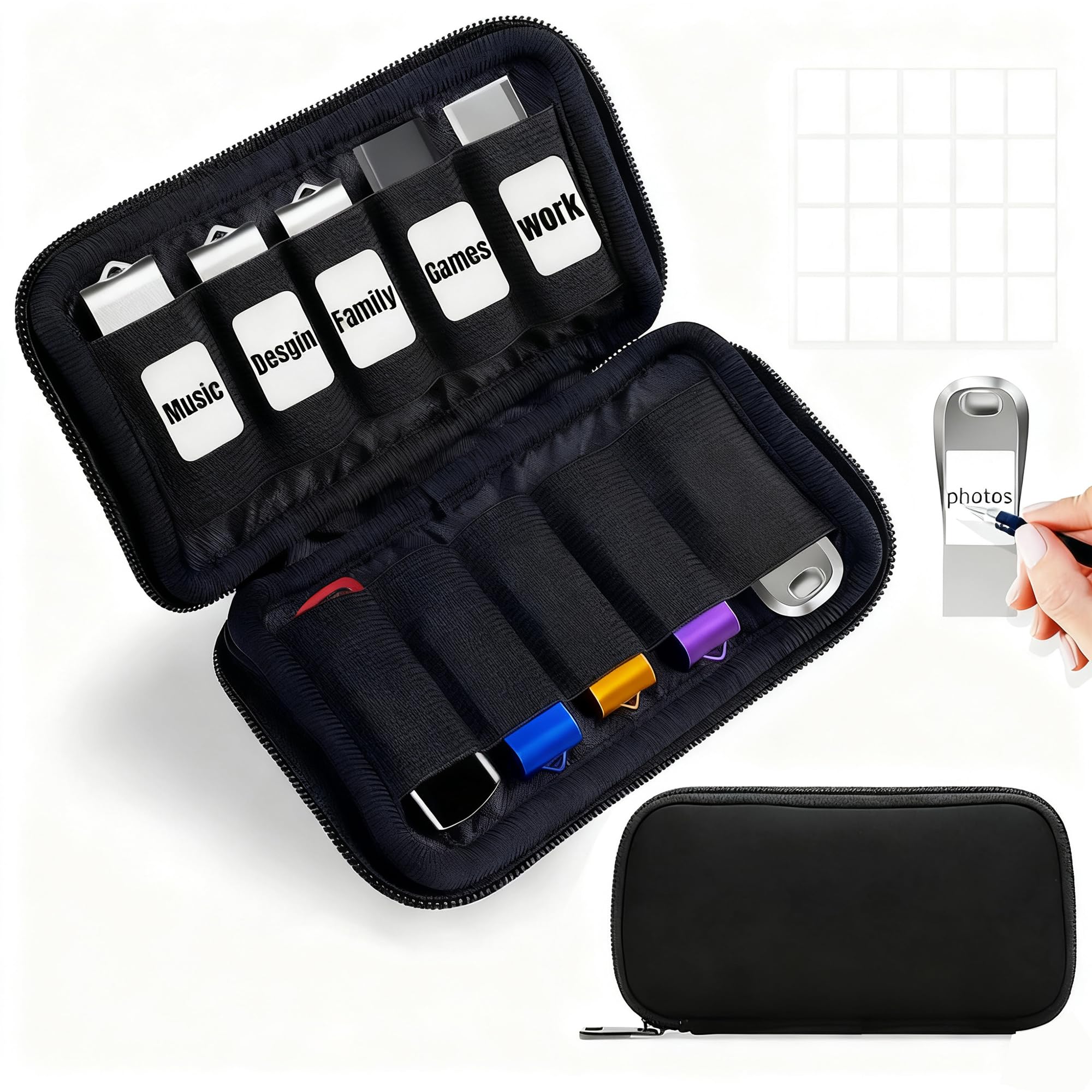 USB Storage Case 10-Slot Thumb Drive Holder Bag for Flash Drives Memory Sticks SD Card Cable Organiser Pouch Black