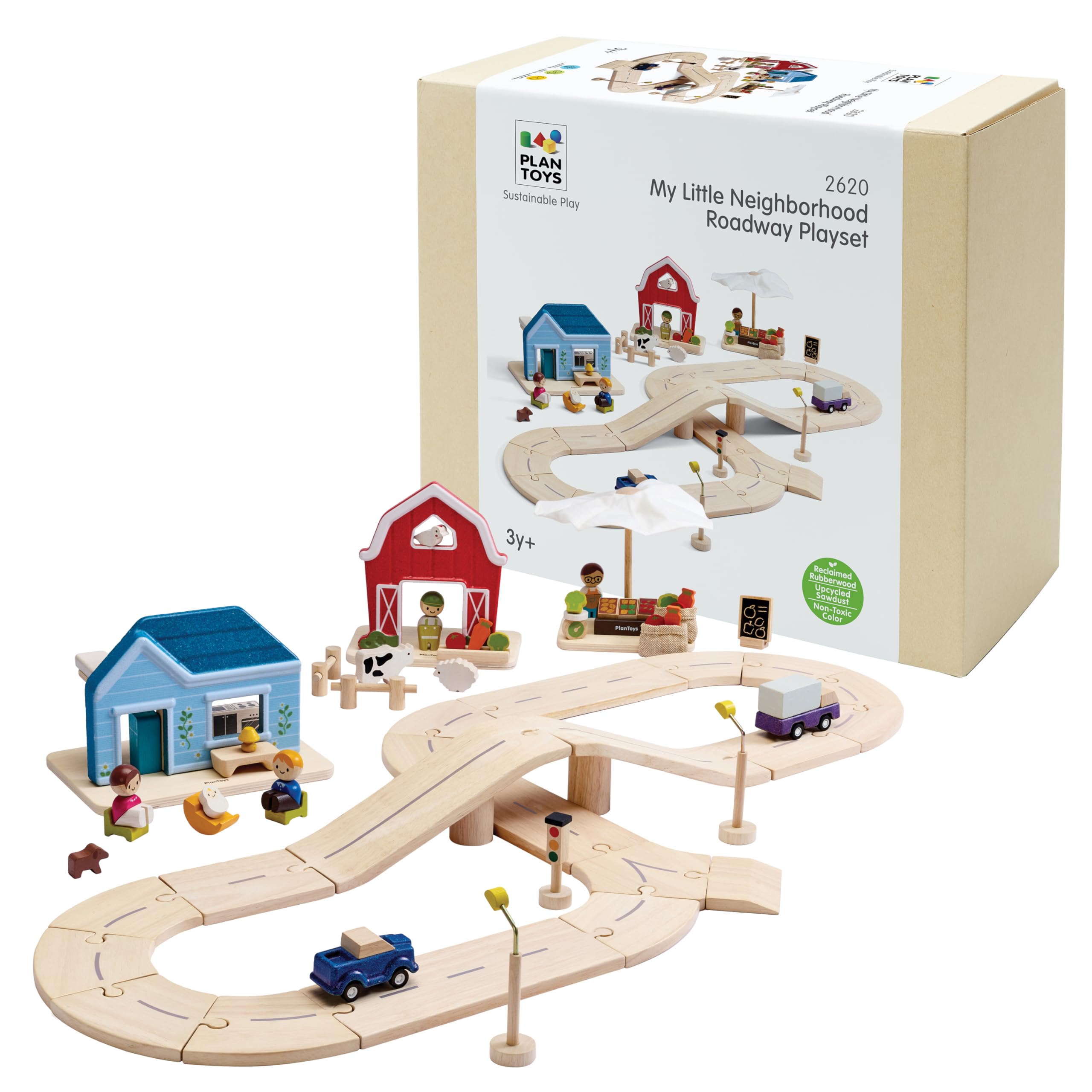 PlanToys® Wooden Neighborhood Roadway Playset Montessori Kids Building Play
