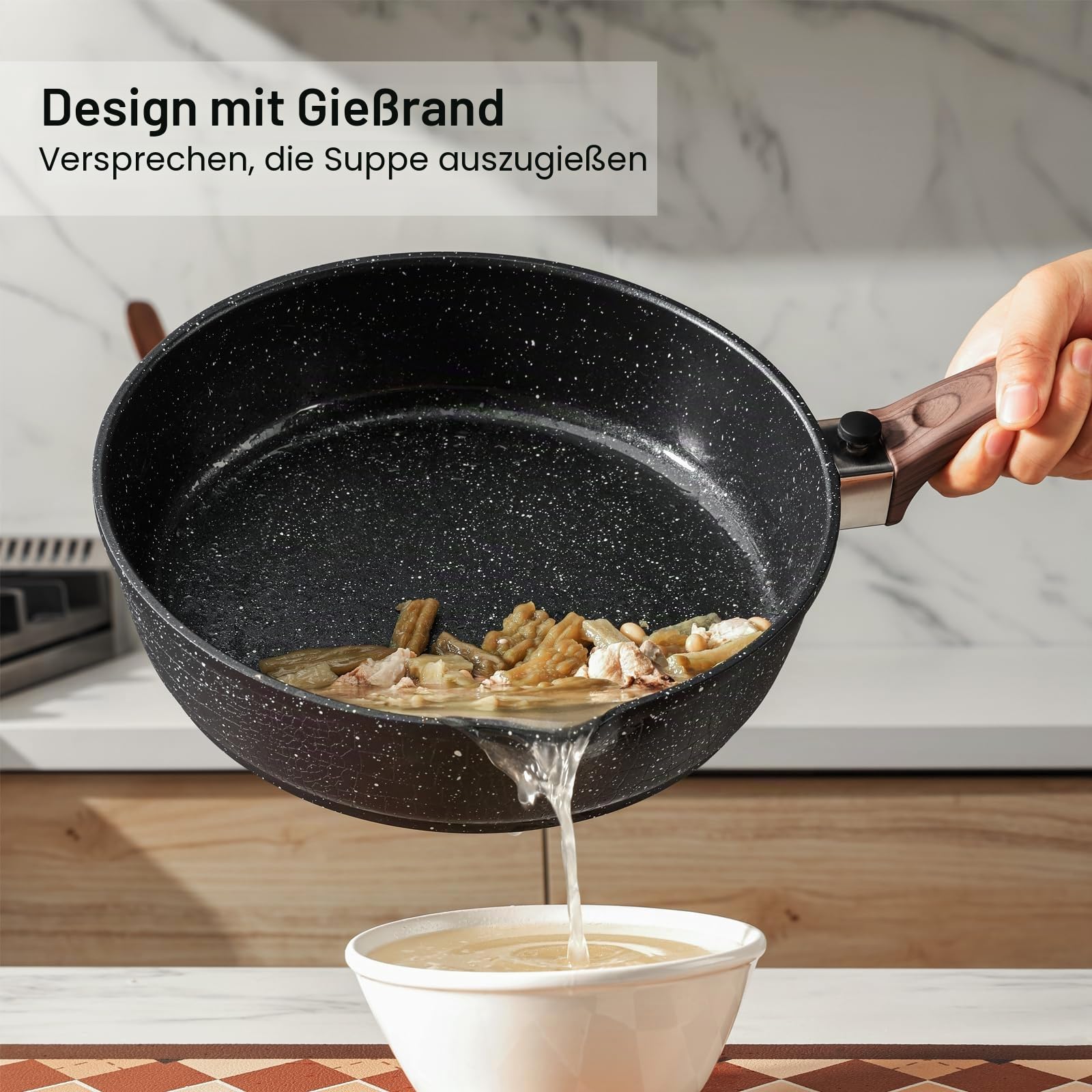 Kordisen Antihaft-Bratpfanne mit Deckel, 28 cm Induktion Sautepfanne mit Abnehmbarem Holzgriff, Granitsteinbeschichtung zum Kochen, Kompatibel für alle Herdarten, PFOA-frei