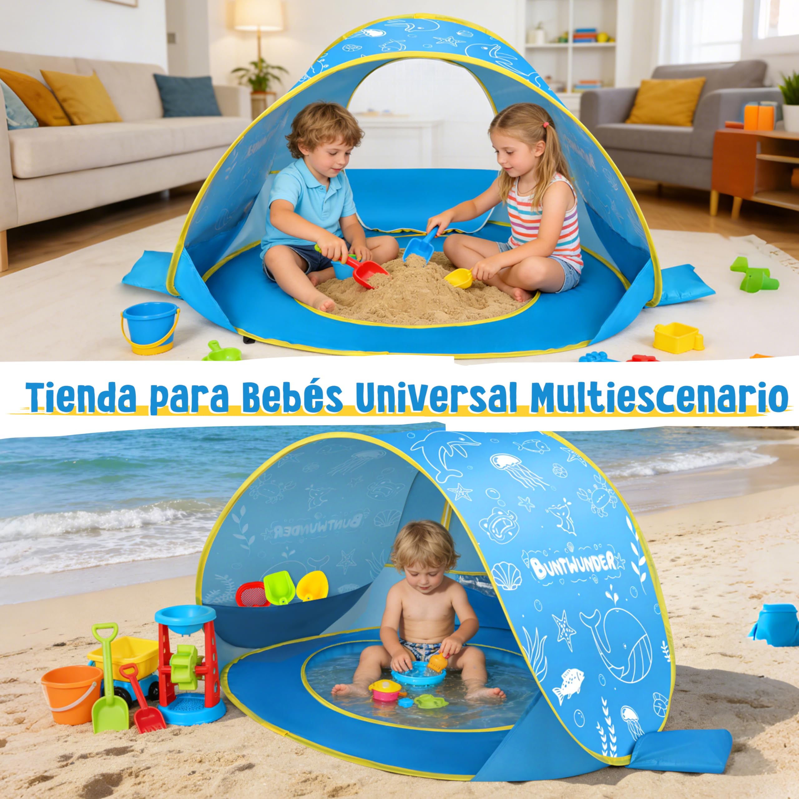Herenear Tienda Playa Bebé Pop Up, Tienda Refugio Infantil con Mini Piscina, Plegable Portátil Protección UV para Playa, Pícnic y Jardín (Azul)