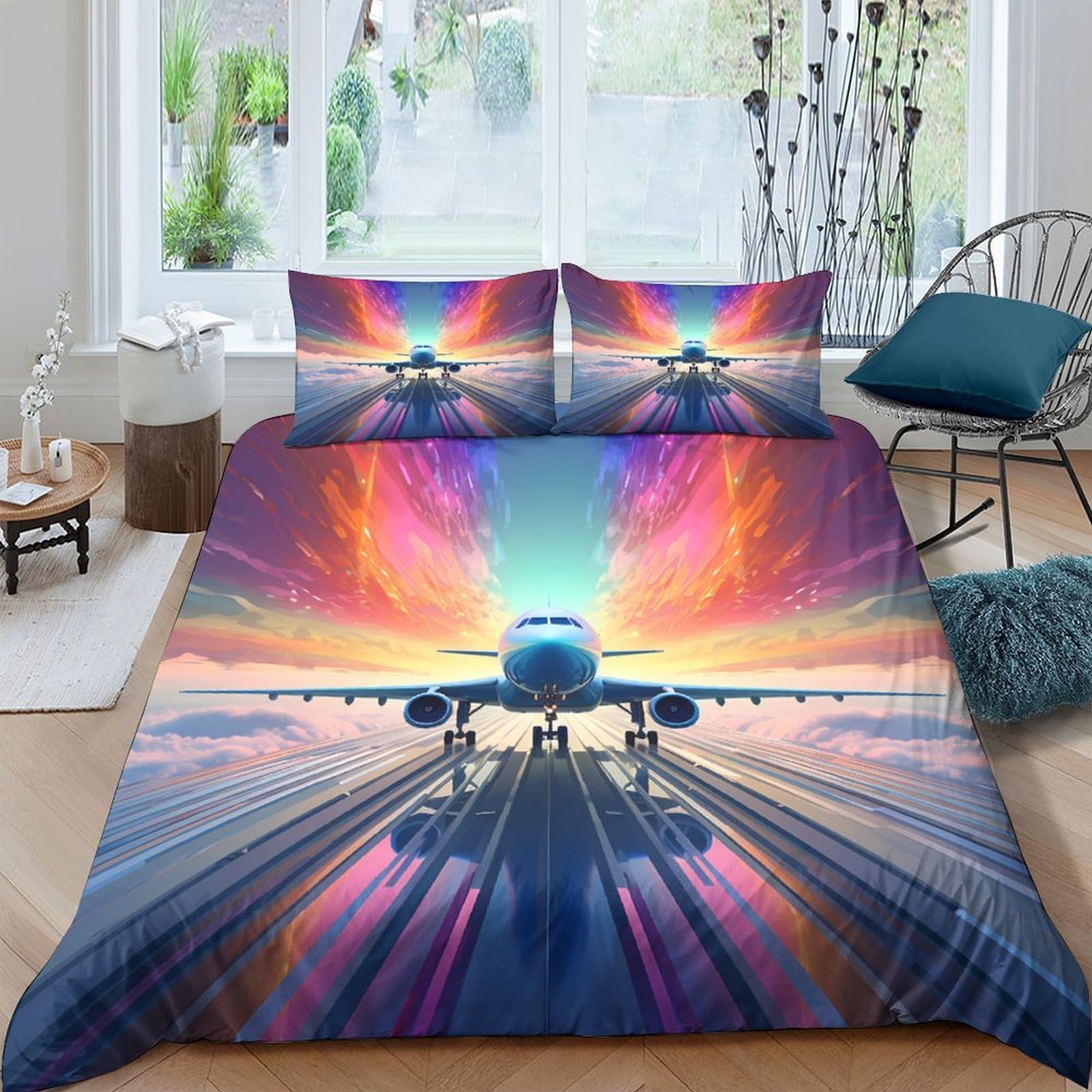 Ctjqhvkz Style-9 3D Printed Sunset Runway Fitted Sheet Microfiber Soft Airplane Bed Cover For Bedroom Dorm Decorative Mattress Protection Single（135X200cm）
