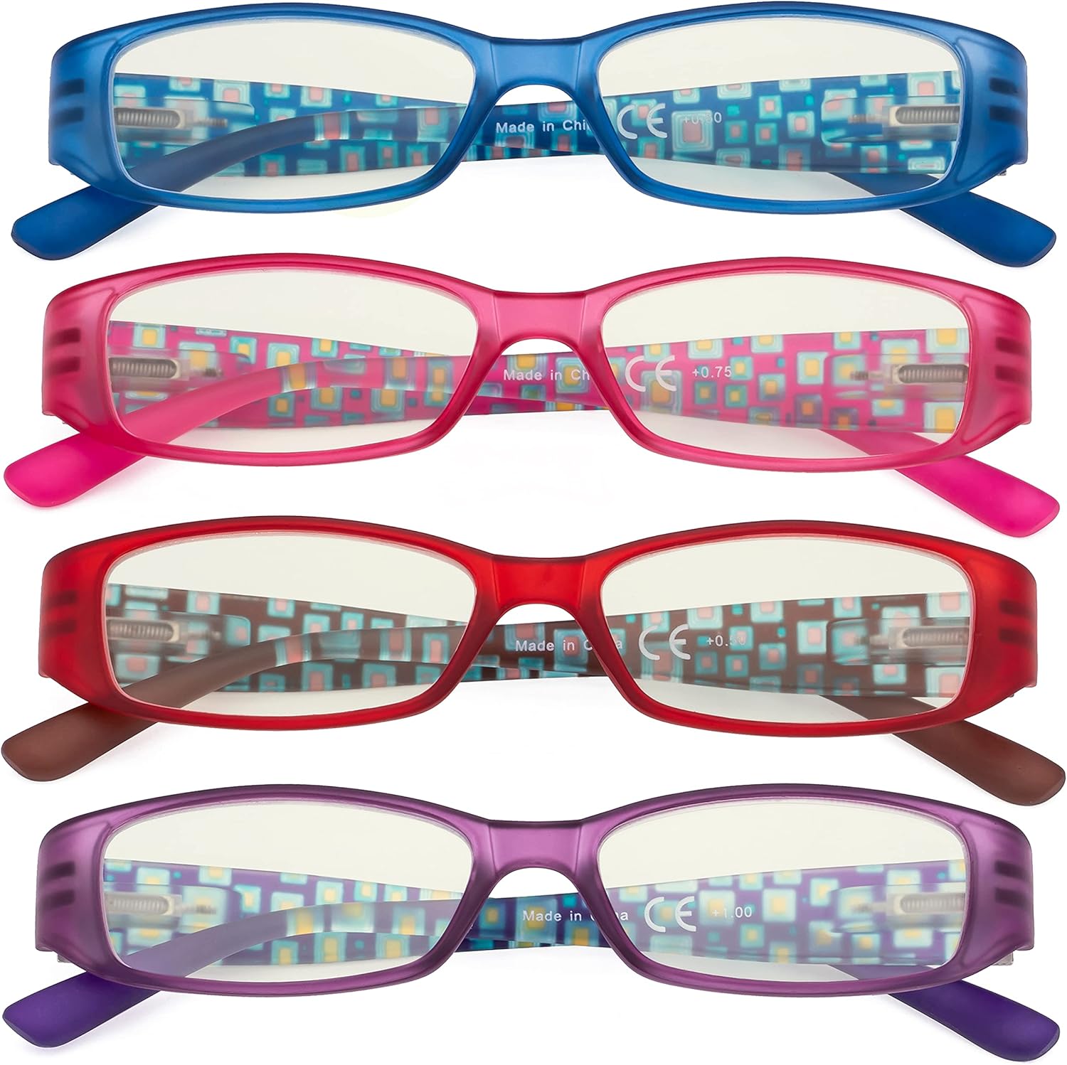 Eyekepper 4 Pack Blue Light Filter Readers with Pattern Arms and Crystals Computer Reading Glasses +0.75