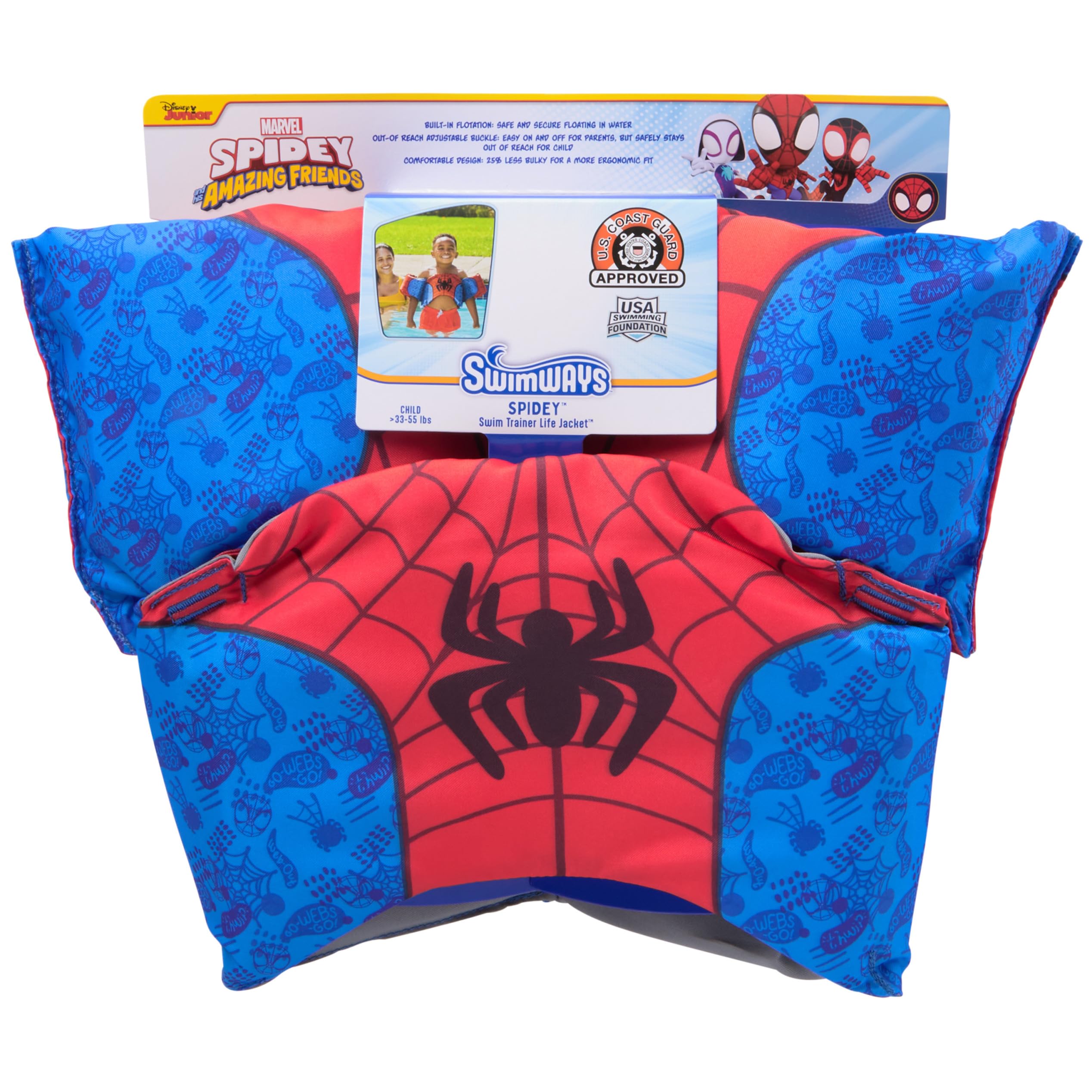 SwimWays Marvel Spidey Swim Trainer, US Coast Guard Approved Life Vest Kids Swim Vest, Arm Floaties & Life Jackets for Kids 33-55 lbs, Spidey