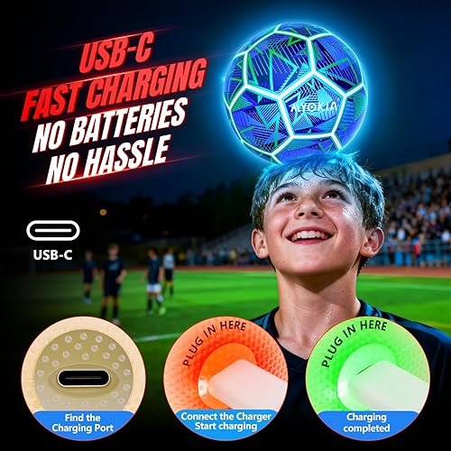 Miniatura 8 de Balón de fútbol de tamaño 5 con luz RGB recargable que brilla en la oscuridad para niños y adolescentes de 3 a 15 años, juegos nocturnos para