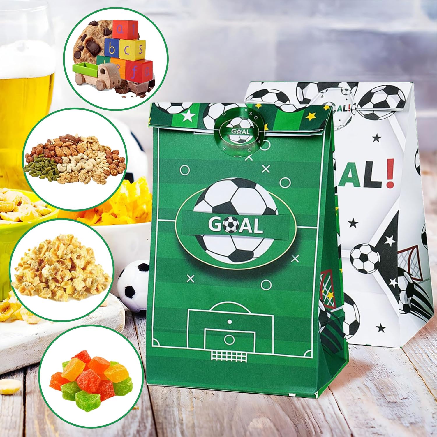 LinJunnz 12 Pezzi Sacchetto Bomboniera Calcio con 12 Adesivi, Sacchetto Portaconfetti Compleanno, sSacchetto Carta Kraft, Sacchetti Fedeltà per Feste di Calcio