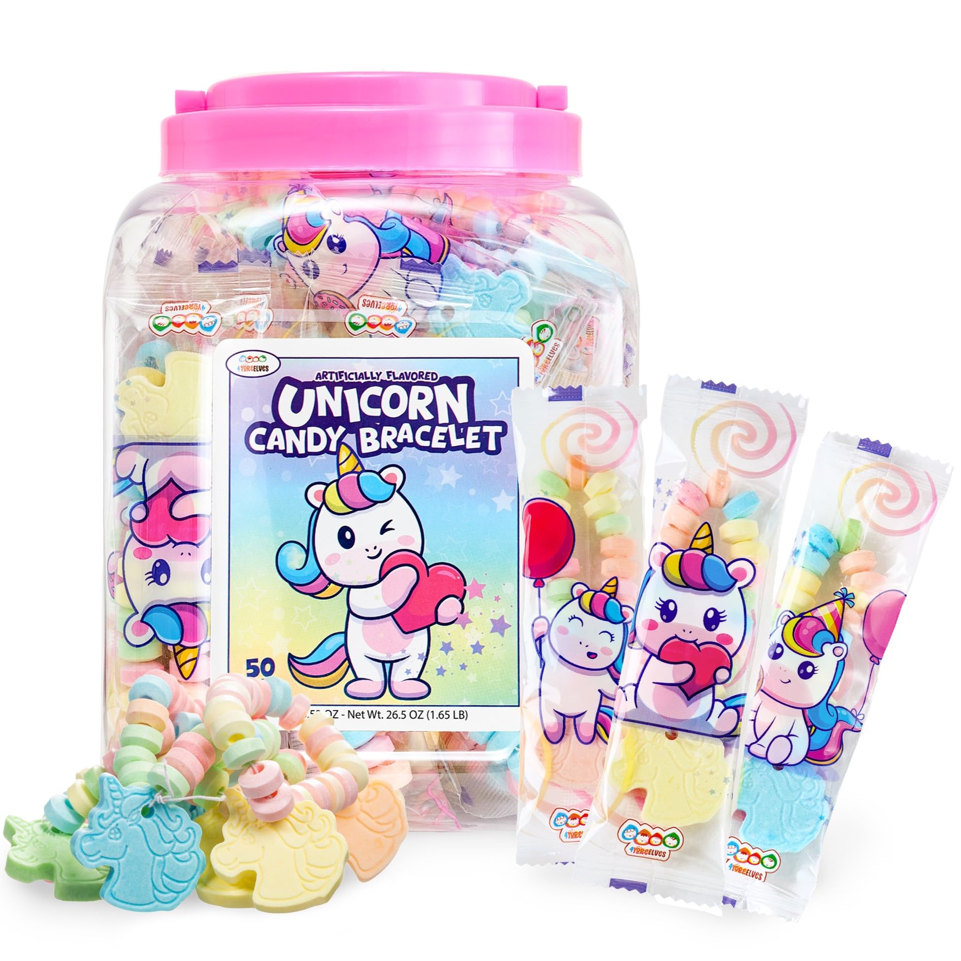 50 Unicorn Candy Bracelets, Individually Wrapped Jewelry for your Unicorn Themed Party, Bulk Candy Perfect for Goody Bags, Party Favors and Birthdays, by 4YoreElves, Pack of 50 x 0.53oz