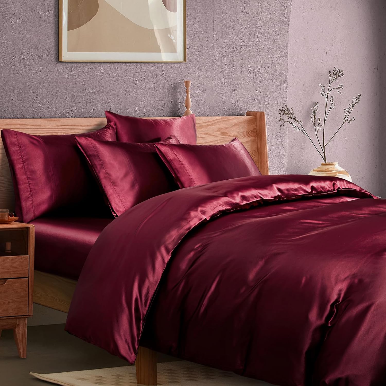 Manyshofu 6Pcs Dark Green Duvet Cover Silky Queen Satin Duvet Cover Fitted Sheet - Not Comforter, Cooling & Luxury Satin Comforter Cover Set - 1 Satin Duvet Covers, 1 Satin Fitted Sheet, 4 Pillowcases