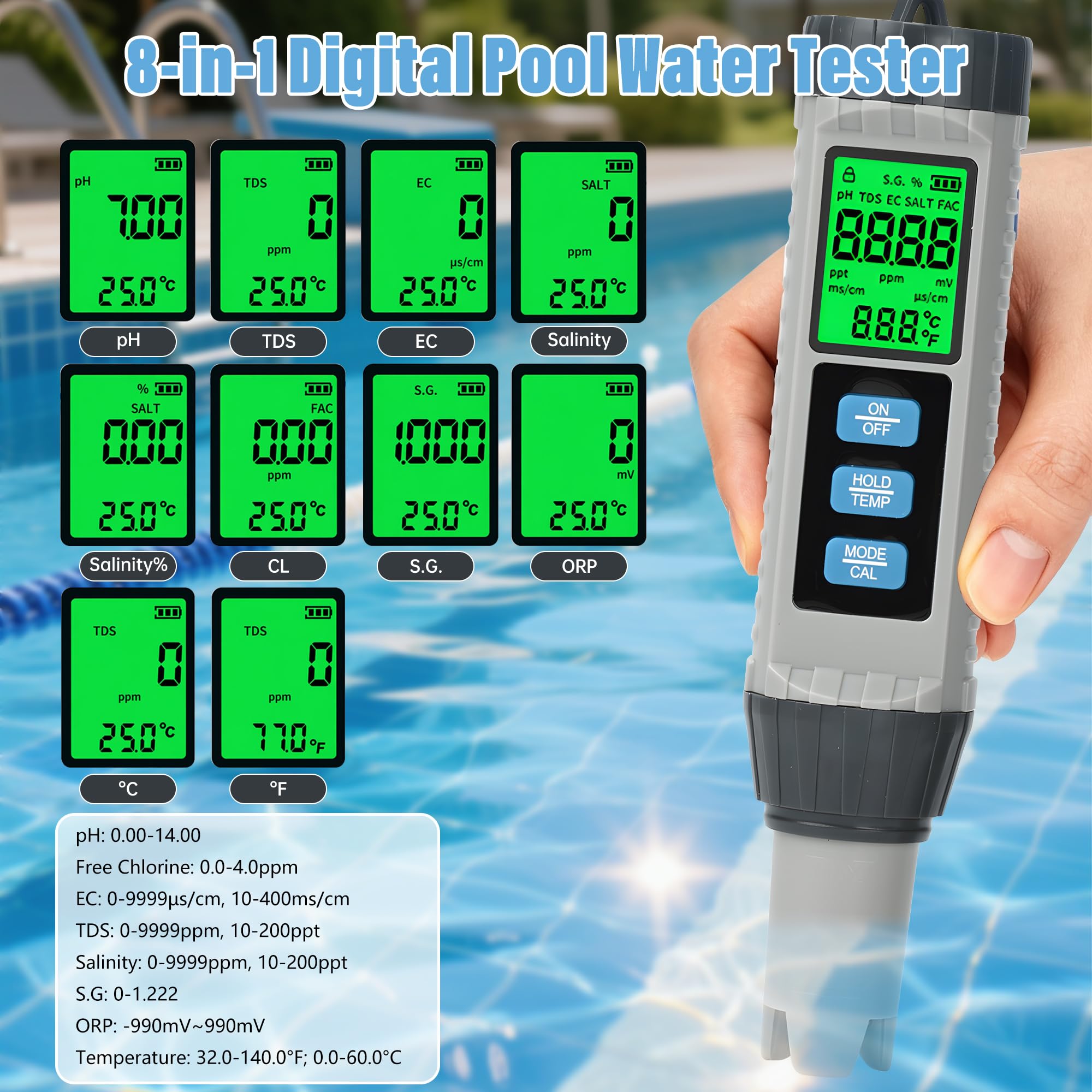 Medidor de Cloro y pH Digital 8 en 1, Tester de pH y Cloro para Piscina, Comprobador de TDS, EC, S.G, Salinidad, ORP y Temperatura con Pantalla Retroiluminada y Compensación Automática