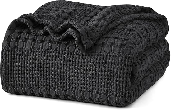 PHF Lightweight 100% Cotton Waffle Blanket for Bed, King, Black