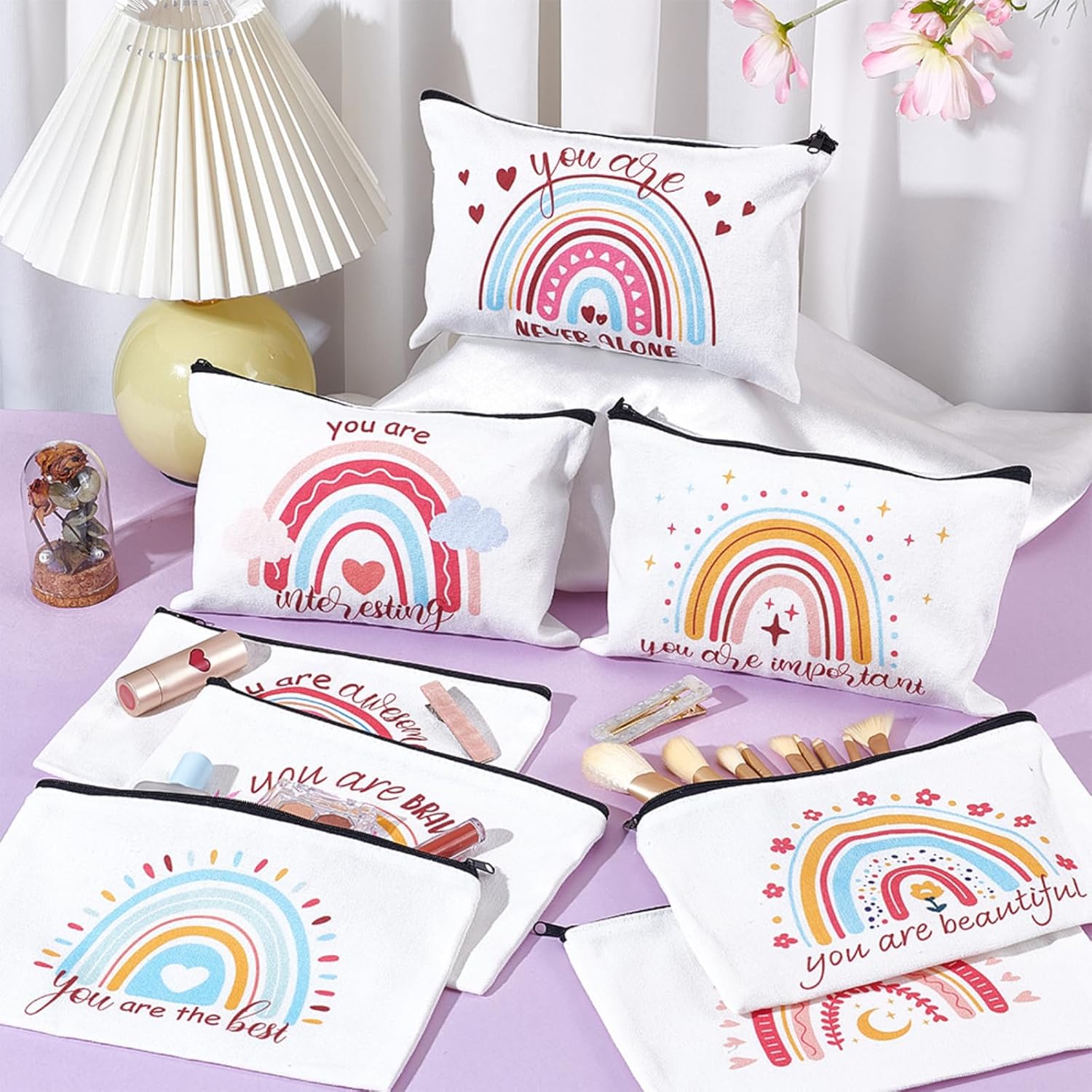 16PCS Rainbow Canvas Cosmetic Bag Bulk Inspirational Quotes Makeup Bags for Women Toiletry Bag with Zipper Encouragement Travel Pouch for Christmas Friendgiving Friend Gifts - Image 2