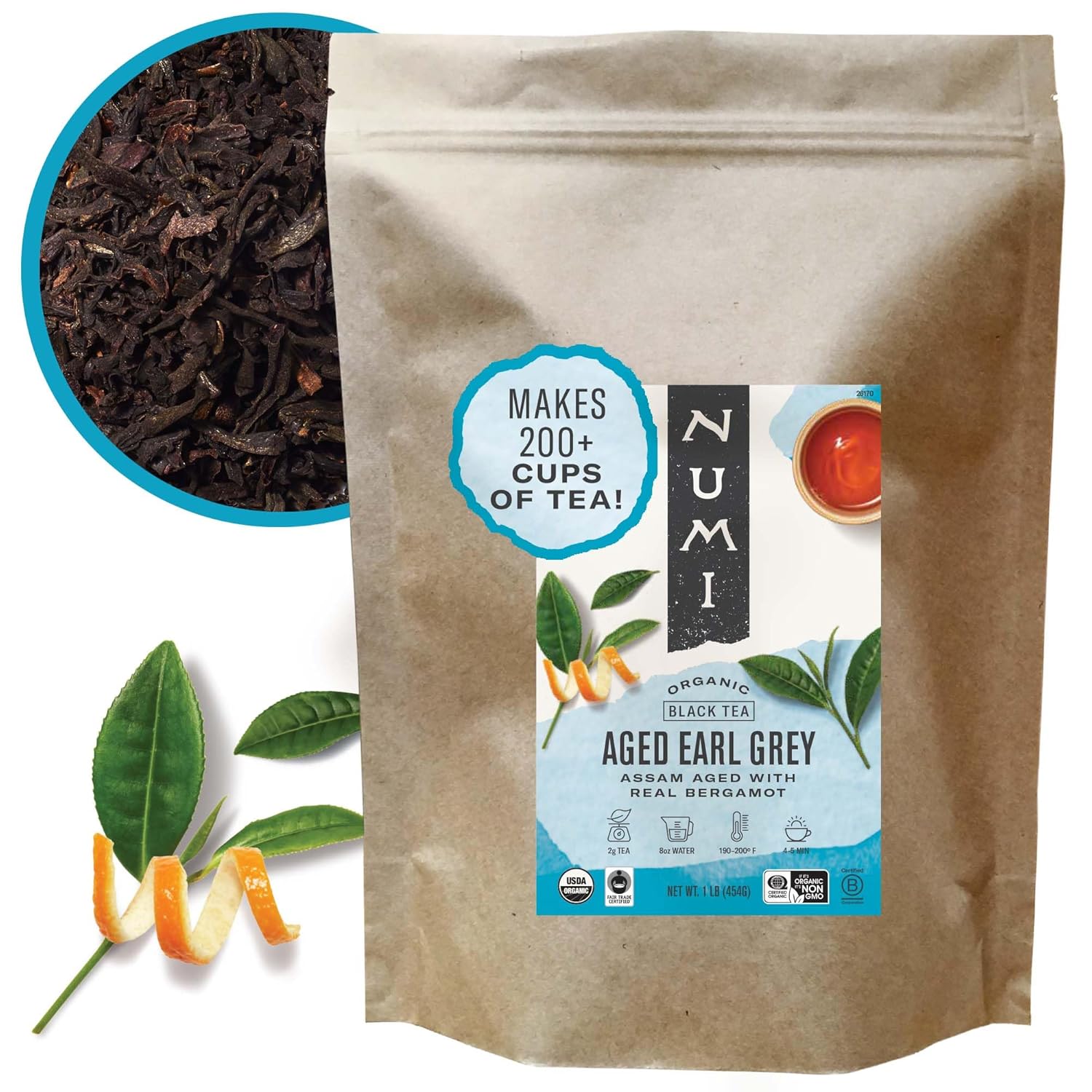 Numi Organic Aged Earl Grey Tea, 16 Ounce Pouch, Loose Leaf Black Tea With Bergamot, Brews 200 Cups (Packaging May Vary)
