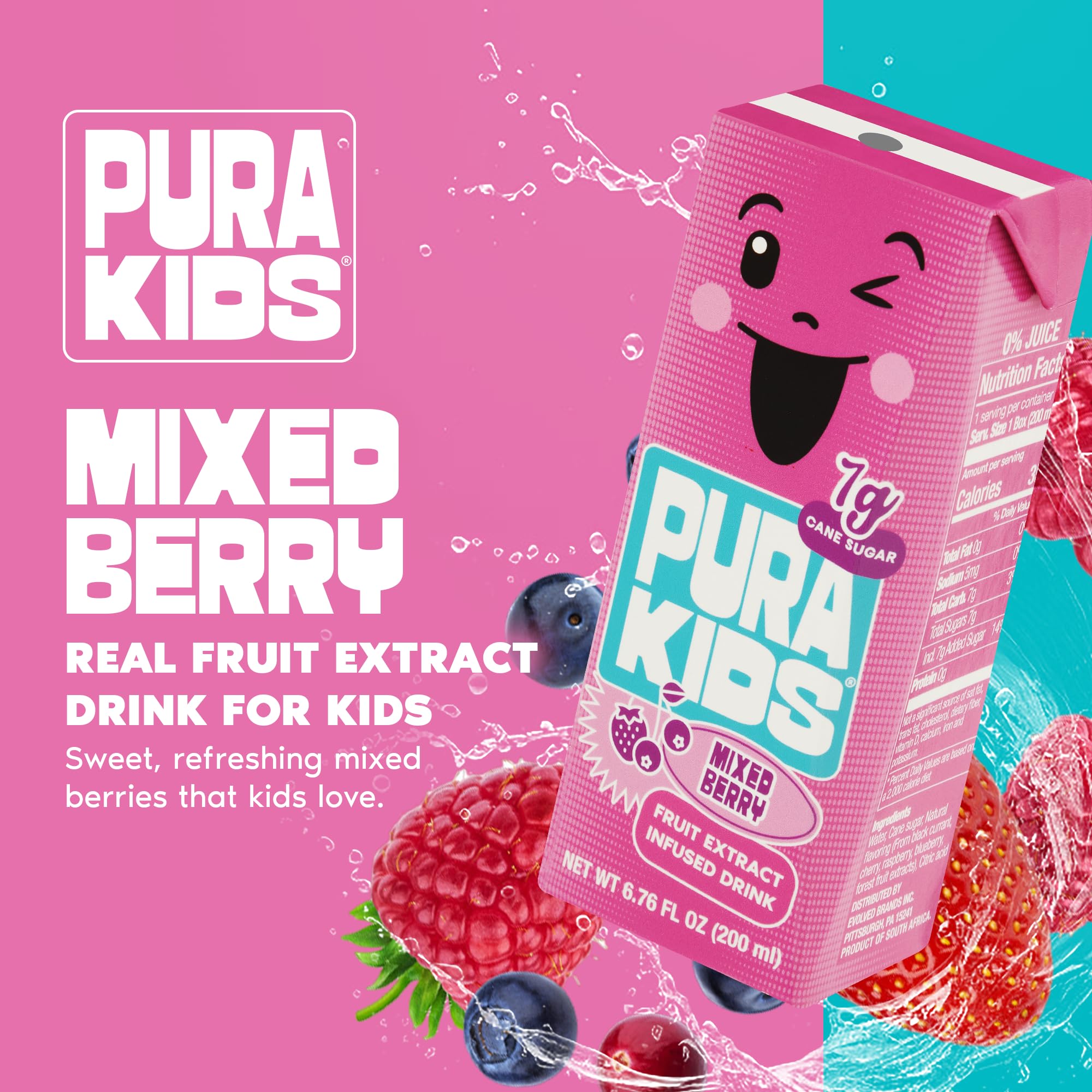 PURA Kids Box | Mixed Berry Fruit Extract Infused Drink for kids | 7g Of Pure Cane Sugar | Non-GMO | Vegan, No Artificial Sweeteners | Best Lunchbox Beverage with Paper Straw | 6.76 fl oz (200ml), Pack of 6