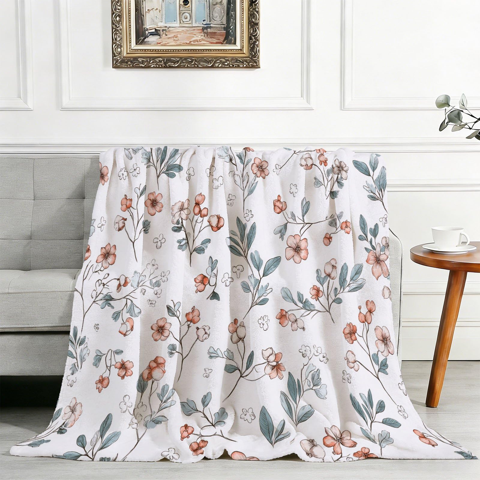 Coperta rustica in pile Sherpa con stampa floreale e piccoli fiori e piante, reversibile, 180 x 200 cm, per biancheria da letto, divano, letto, decorazione per la casa, beige e verde