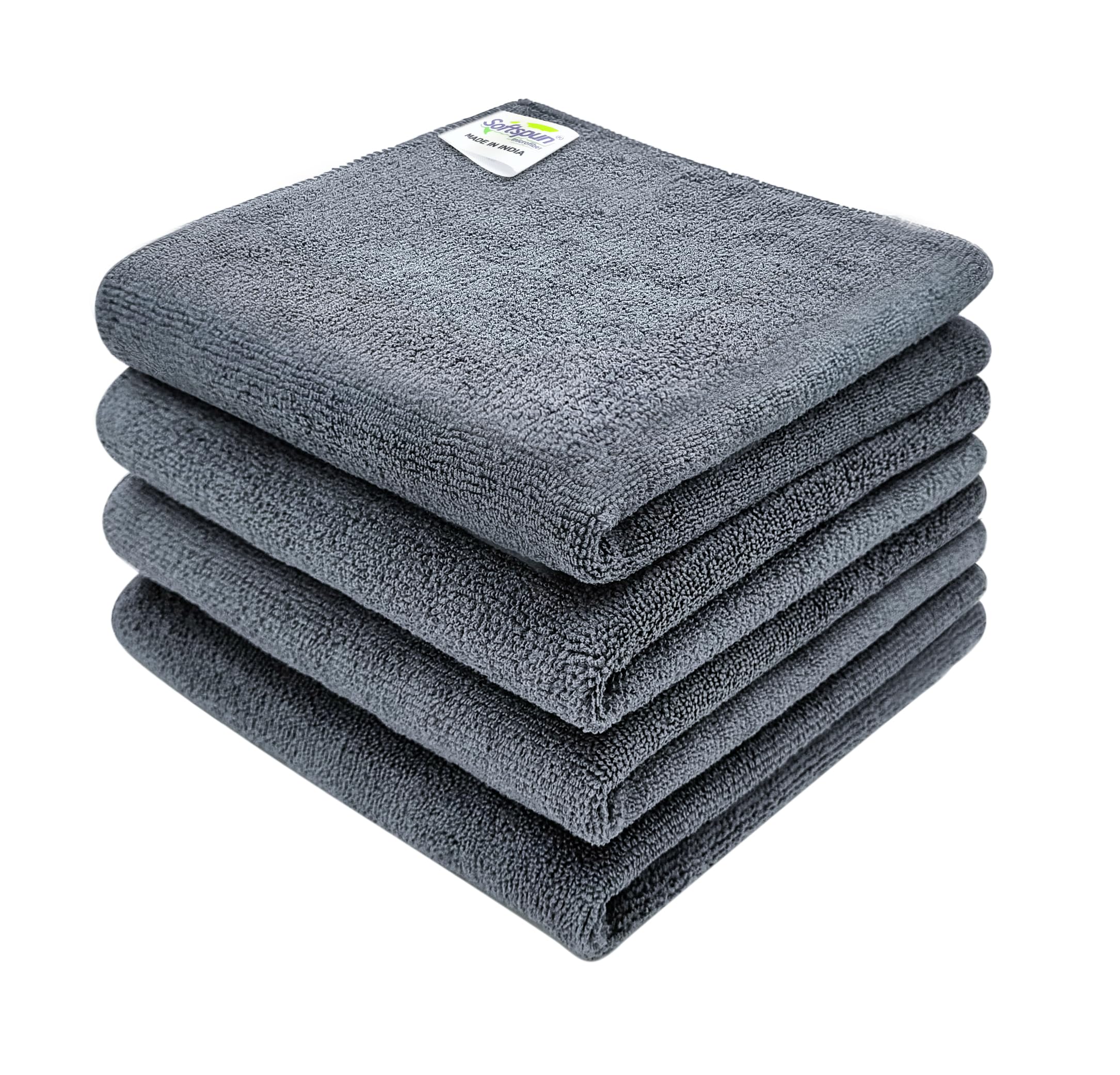 SOFTSPUN Microfiber Cleaning Cloths, 4pcs 40x40cms 340GSM Grey! Highly Absorbent, Lint and Streak Free, Multi -Purpose Wash Cloth for Kitchen, Car, Window, Stainless Steel, Silverware.