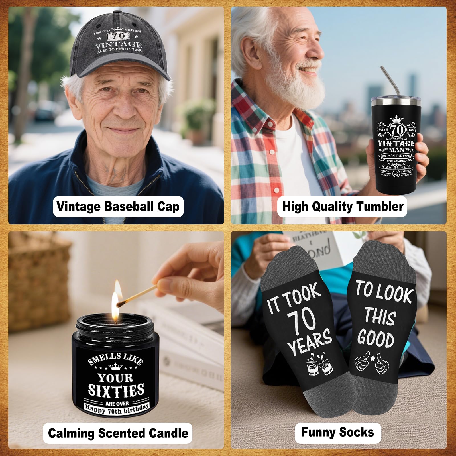 70th Birthday Gifts for Men - Unique Birthday Box with 20 Oz Tumbler, Baseball Cap, Socks, Bracelets, Scented Candle, Happy 70th Birthday Decorations for Husband, Dad, Grandpa, Friends, Boss