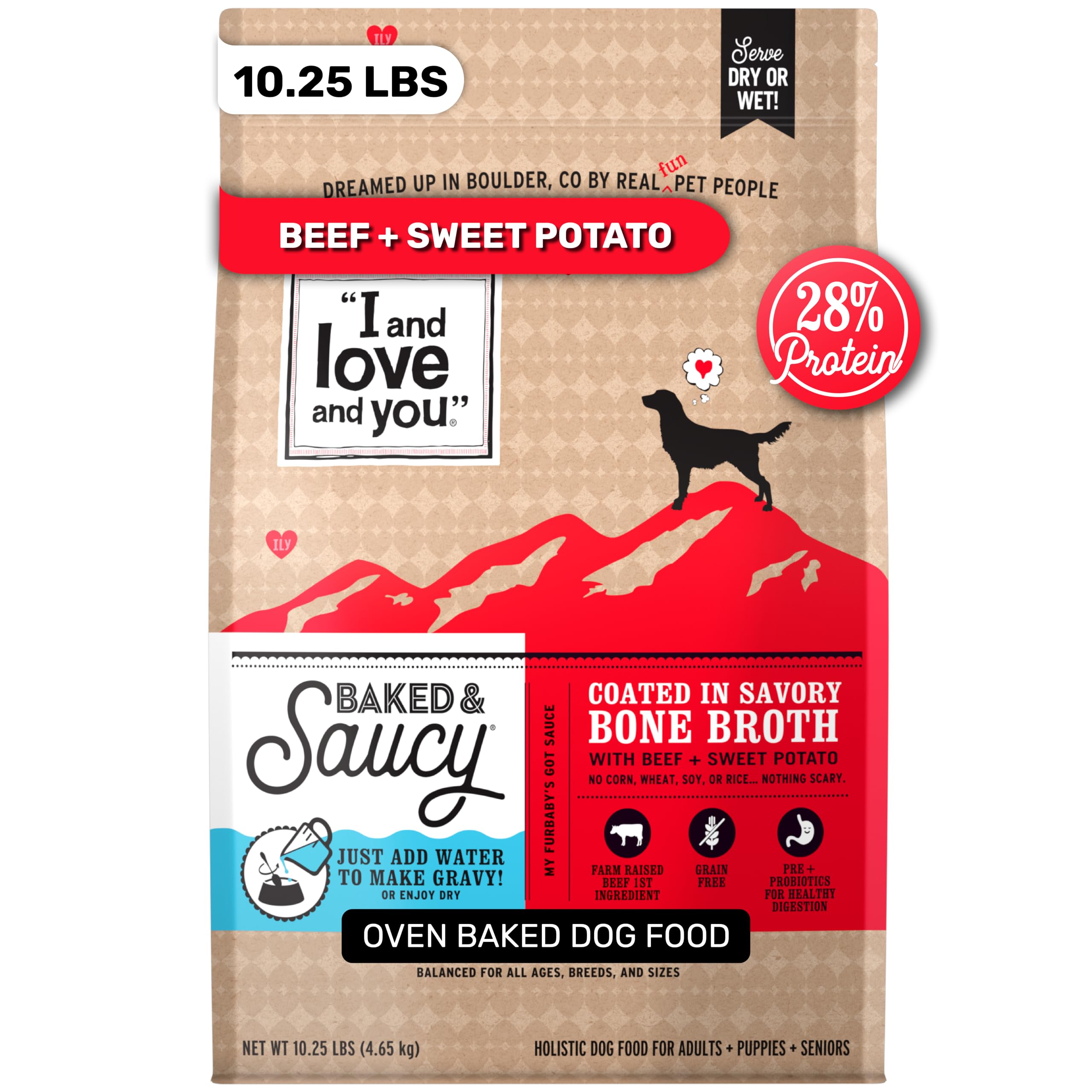I AND LOVE AND YOU Baked and Saucy Dry Dog Food - Beef + Sweet Potato - Prebiotic + Probiotic, Real Meat, Grain Free, No Fillers, 10.25lb Bag