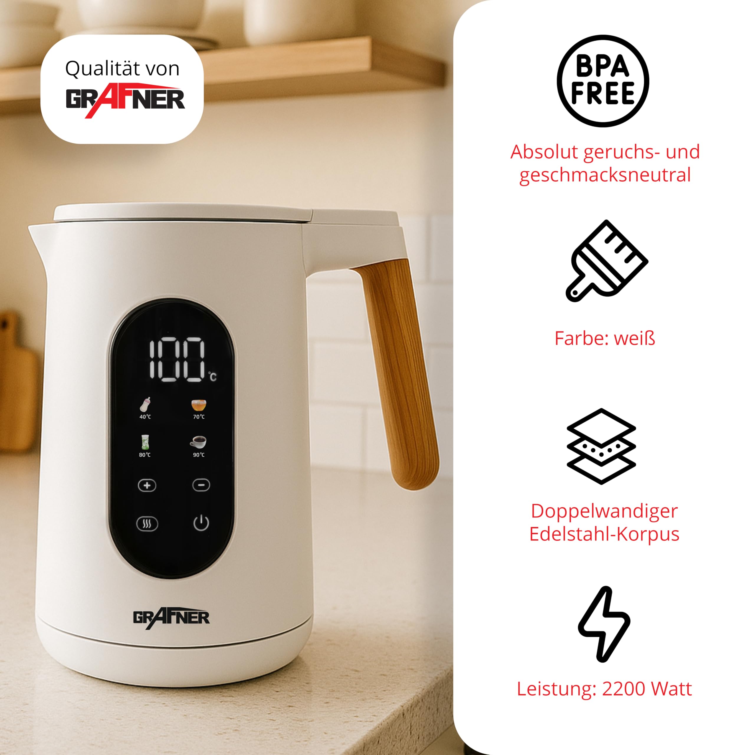 Grafner Hervidor de agua de acero inoxidable con ajuste de temperatura, 40 °C a 100 °C, pantalla grande, función de mantenimiento del calor y función de memoria, 4 programas, doble pared, 1,7 litros