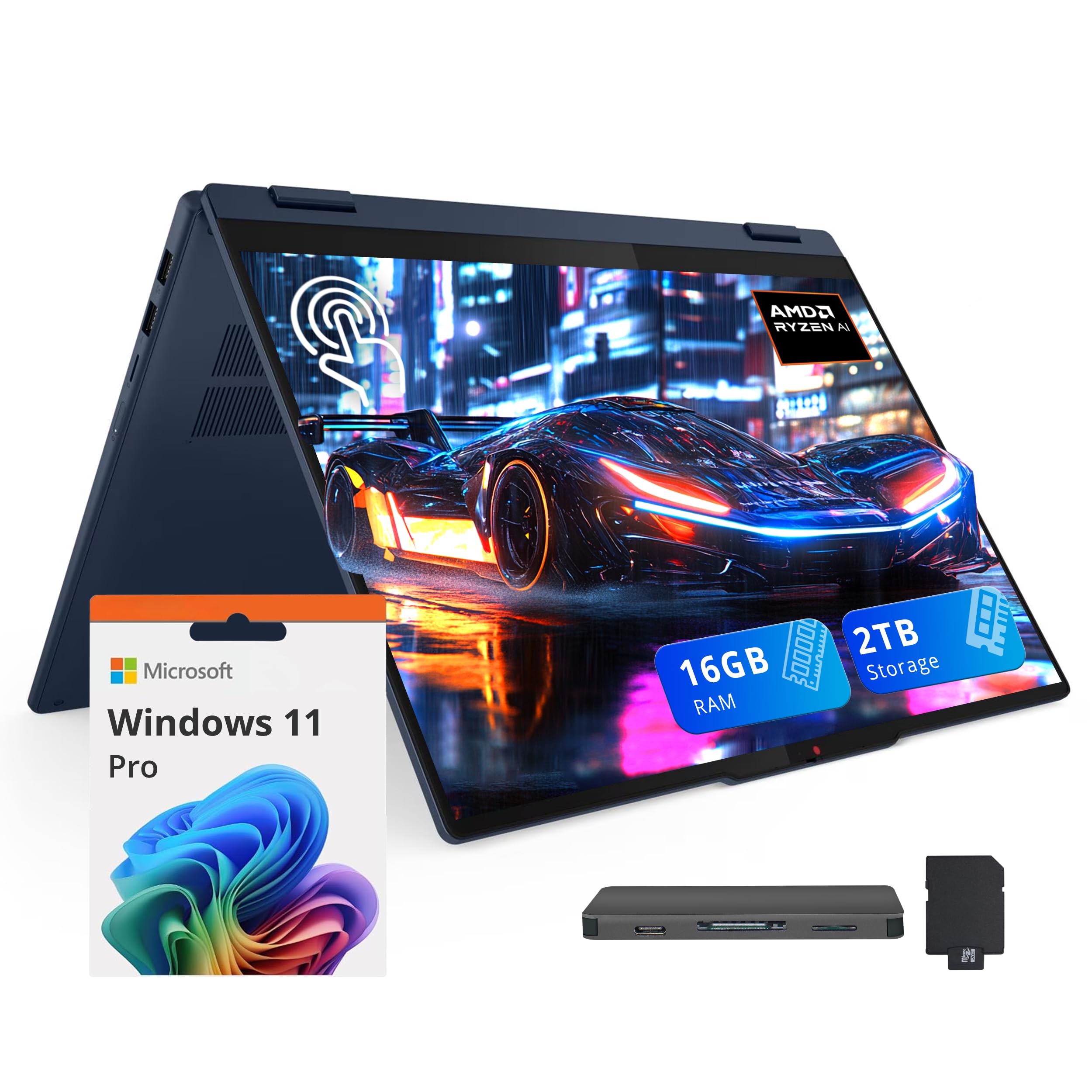 Lenovo IdeaPad 5 2-in-1 16" WUXGA Touchscreen Laptop, AMD Ryzen AI 7 350, 16GB LPDDR5X, 2TB Storage (1TB SSD+1TB Docking), AMD Radeon 860M Graphics, Backlit Keyboard, Wi-Fi 7, Win 11 Pro, Blue