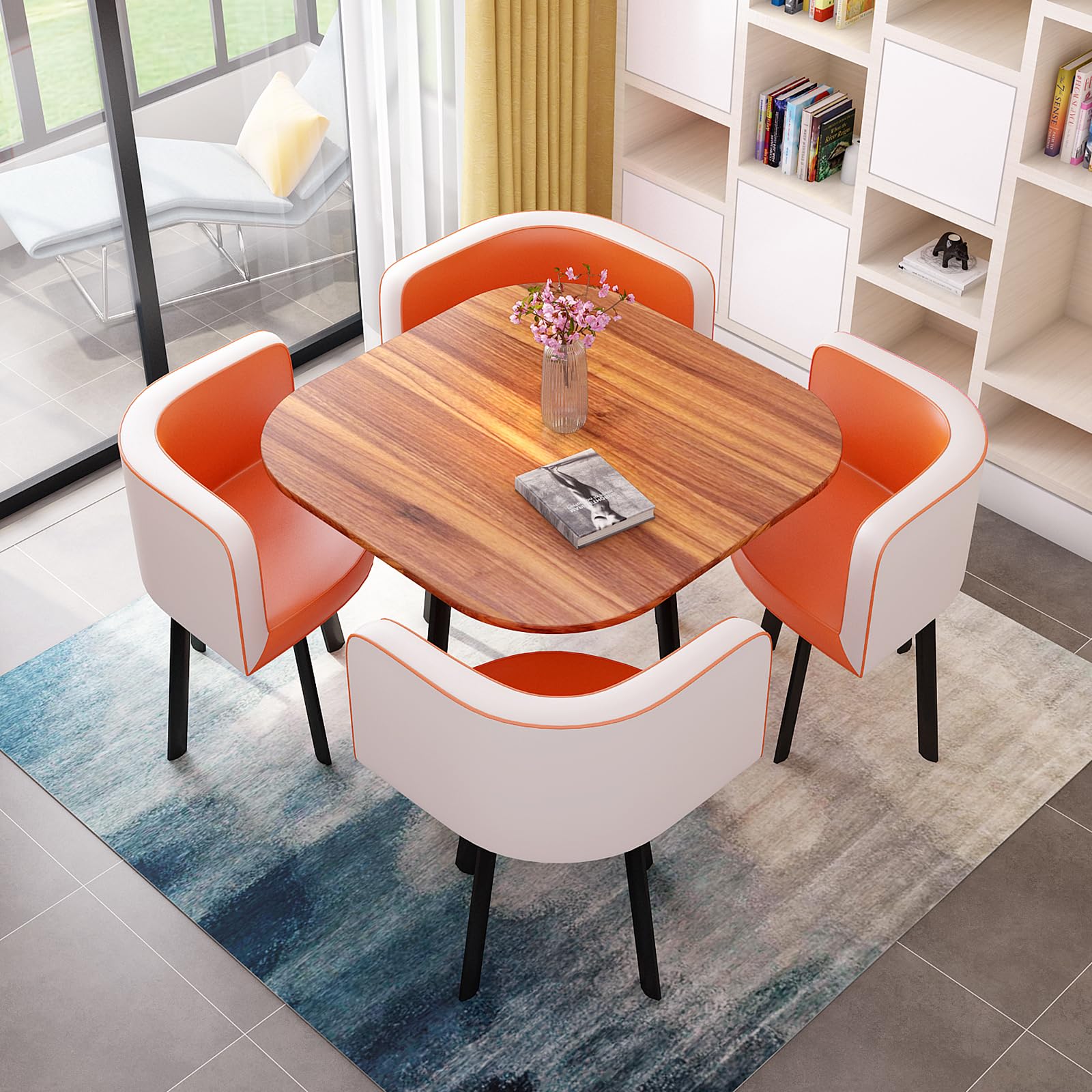 OLSKFUH Modern Round Dining Table Set With 4 Chairs For Business Meetings And Office Conference Small Round Coffee Table And Chair Combination Pu 6,Pu-38-80 * 80 * 73cm