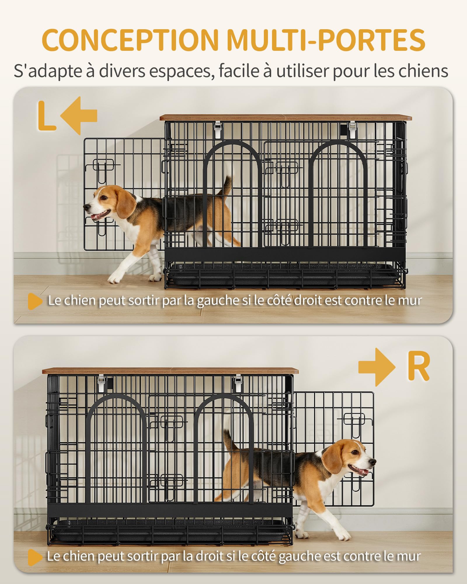 Hzuaneri Cage pour Chien, 94 cm Meuble Cage Chien en Fil, Noir Marron | Cage Épaissie Usage Intérieur/Extérieur, Pliable avec plateau, Taille L pour Chiens Petits/Moyens, 94 × 60 × 64 cm, DFC98501B