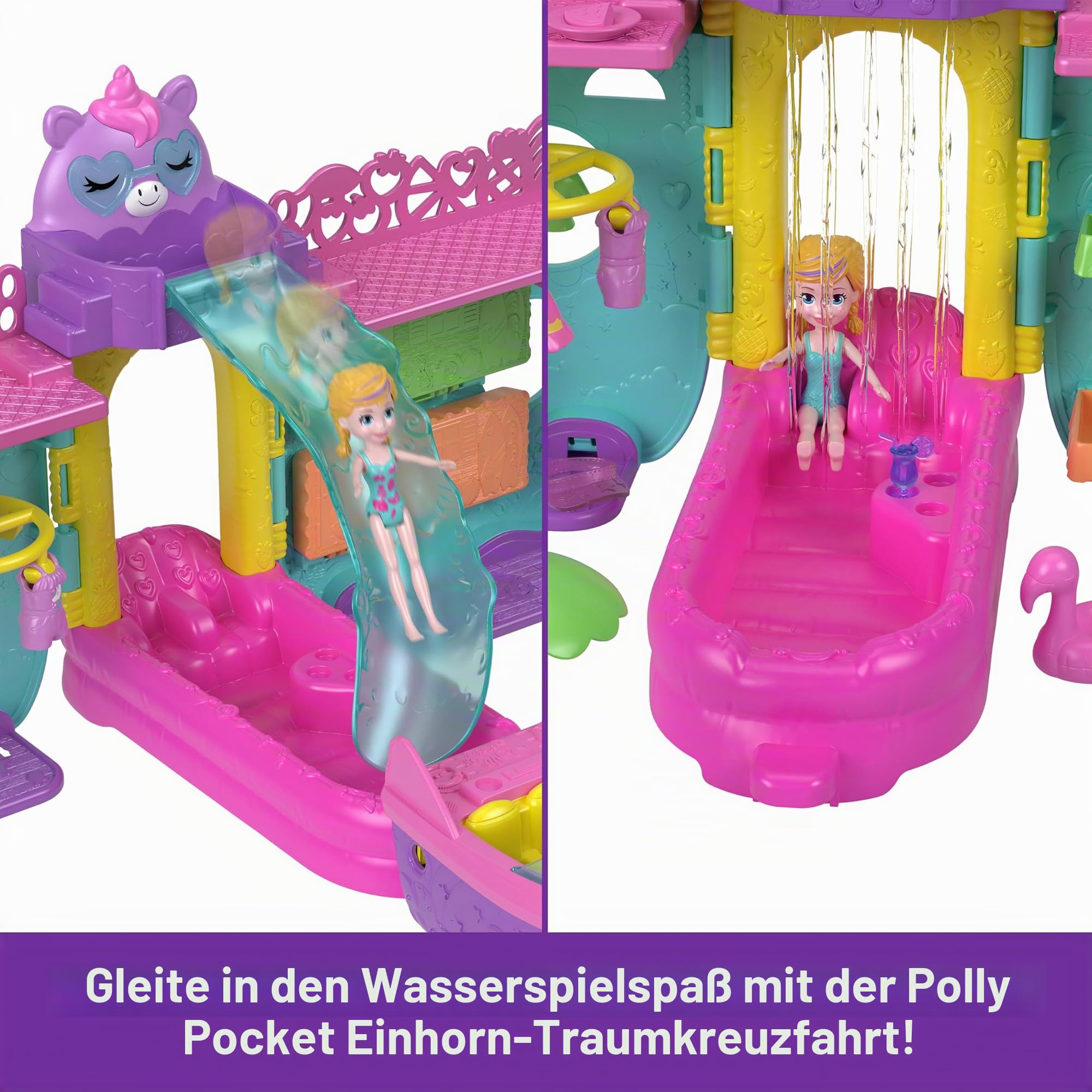 Polly Pocket Tragbares Boot-Spielset mit Wasserspiel und Farbwechsel-Zubehör, Einhorn-Traumkreuzfahrt enthält 1 Puppe und insgesamt 23 Teile