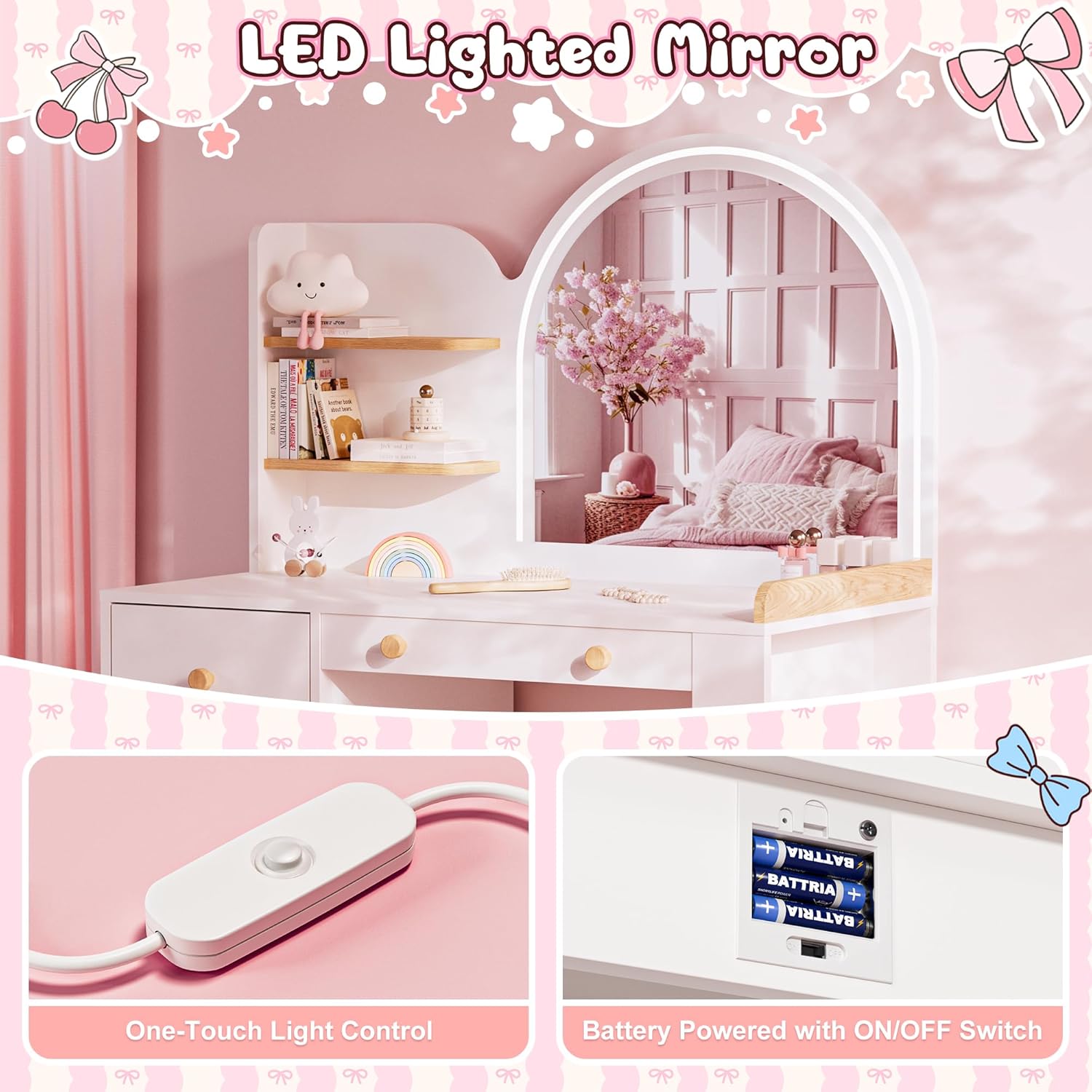 Kids Vanity with Mirror and Lights, 2-in-1 Princess Makeup Vanity Desk with Open Bookshelf, Drawer & Storage Cabinet, Wooden Toddler Dressing Table & Chair Set for Little Girls, White
