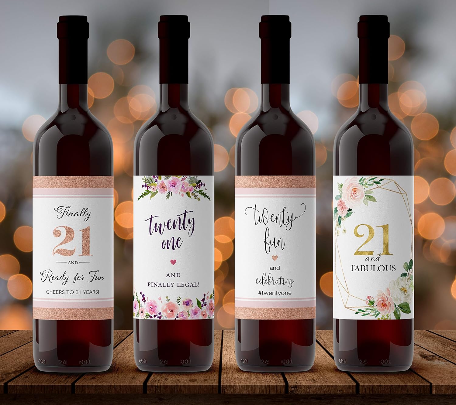 Set of 4 Wine Labels, 21st Birthday Gift, for Friend Stickers, Finally Legal, Fabulous, Wine Bottle Labels, Alternative to Birthday Card A21BD-4-PINK1