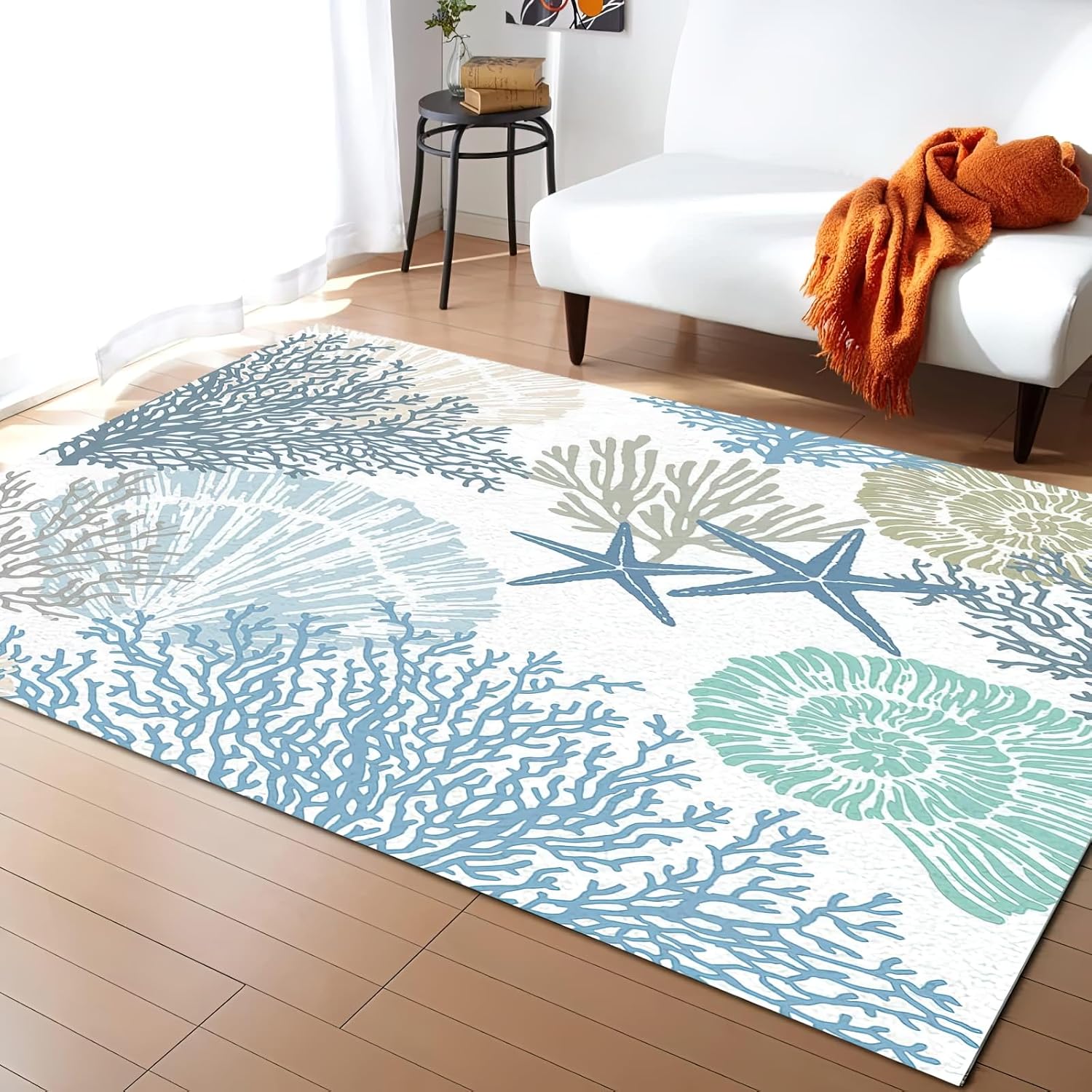 Summer Ocean Coral Area Rug, Conch Shell Beach Theme Non Slip Noise Reduction Kids Rugs, Machine Washable Durable Carpet for Indoor Bedroom Living Room Office Decor Rug - 3 ft x 4 ft