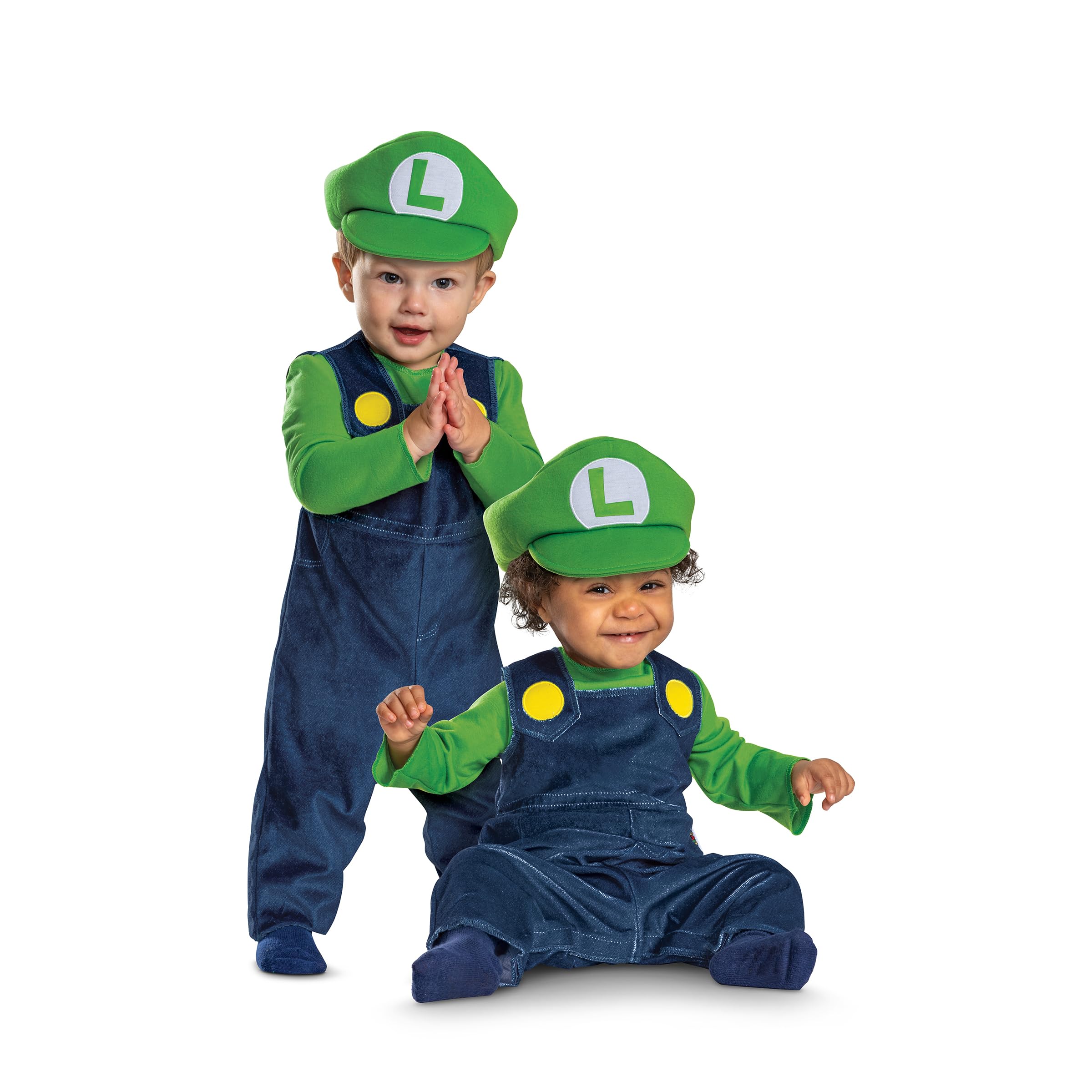 Disguise Super Mario Bros Luigi Infant Costume – Soft Velour Baby Luigi Outfit with Hat & Jumpsuit 6/12mo