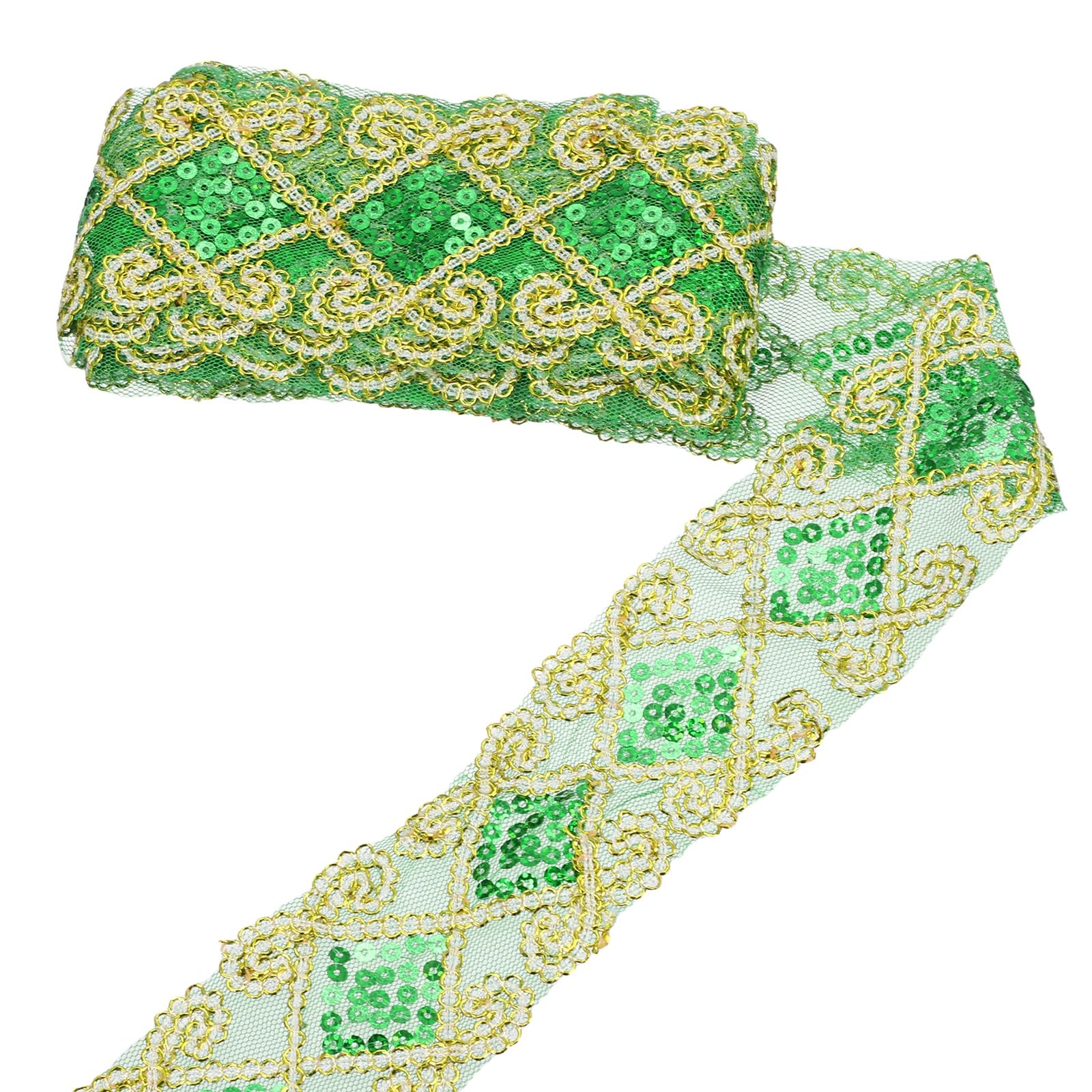 sourcing map Sequins Lace Mesh Trim Lace Ribbon Applique, 6cm 9.14m Diamond Shaped Braid Sequins Lace Fabric for Sewing DIY Craft Curtain Dress Clothing Wedding, Green