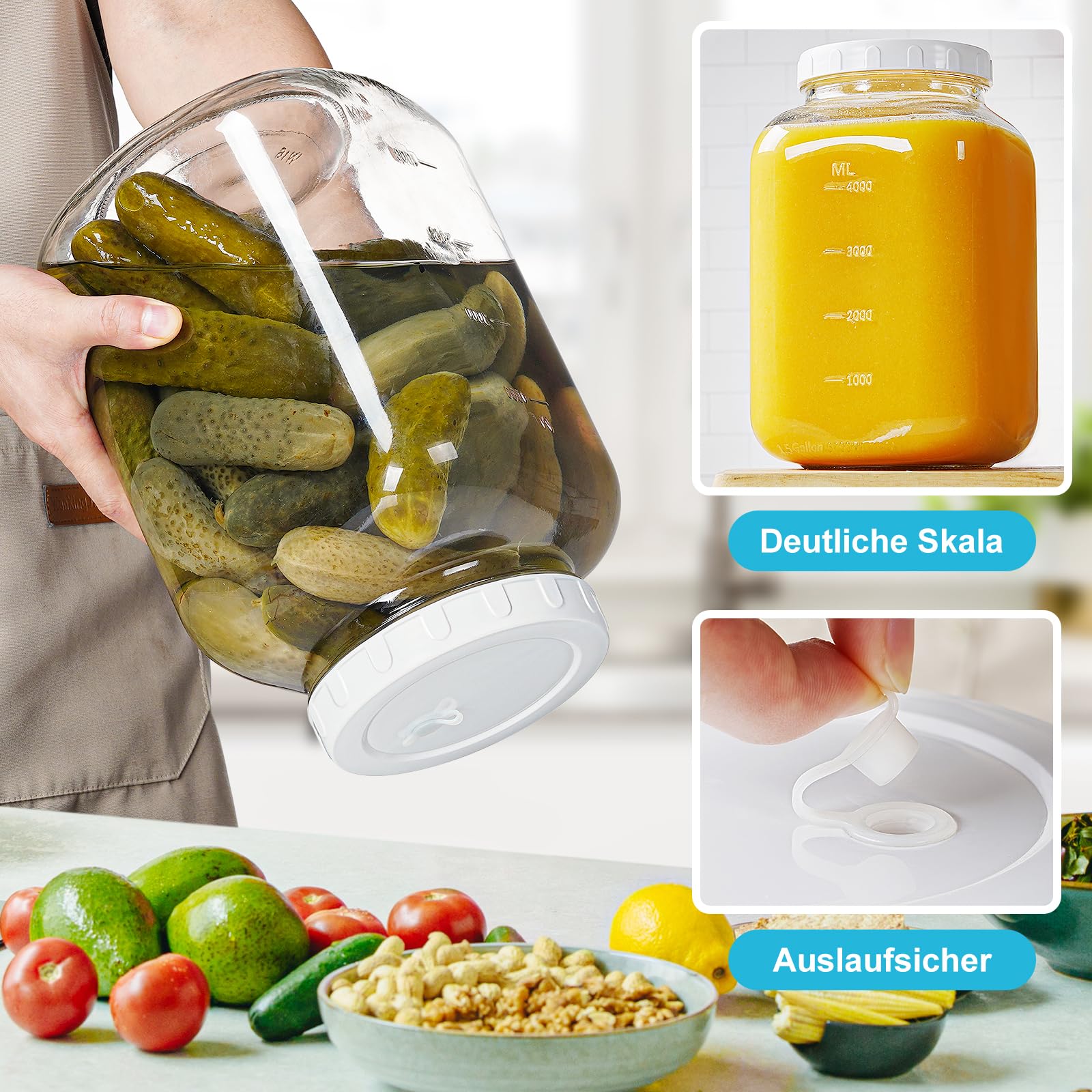Absovetu 2 Stück Groß Fermentierglas mit Luftschleuse 5,7 Liter - Breiter Mund Fermentiergläser mit Gärventil Fermentier Set Fermentierglas mit Gewicht für Kimchi Sauerteig Sauerkraut Kefir Gemüse
