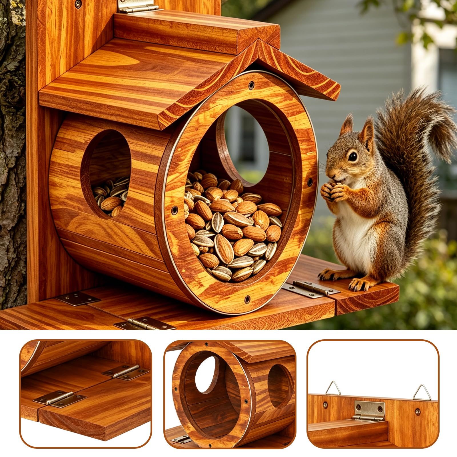 Eichhörnchen Futterhaus aus Holz, Wetterfest Eichhörnchen Haus mit Transparentem Fenster und 2.75" Grosser Oeffnung Wandmontage Robuste Futterstation für Garten Hinterhof Und Aussenbereich