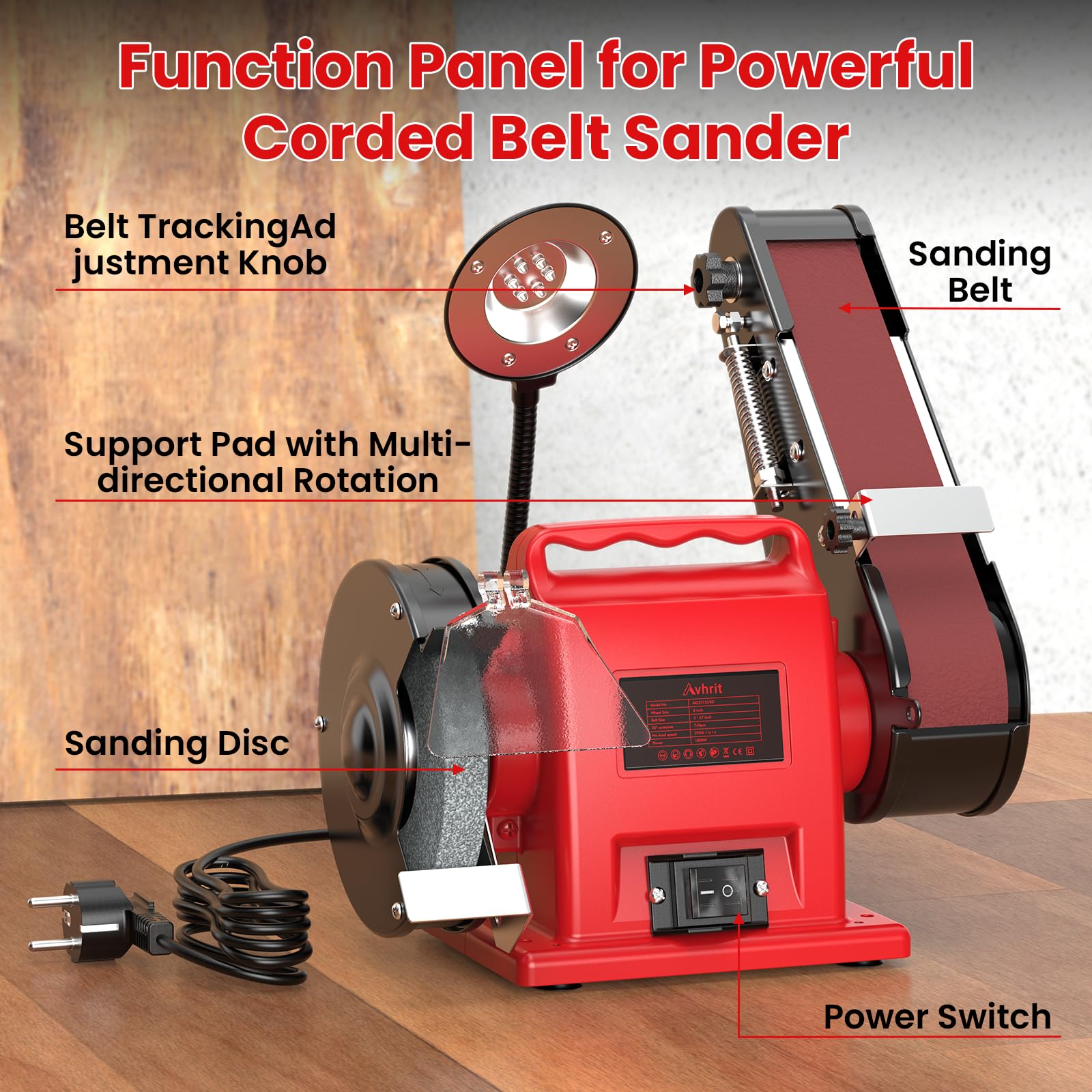 Stand-Bandschleifer, 2-in-1 Mini-Bandschleifer, 350 Watt, mit Bandschleifscheibenfunktion, LED-Licht, Funkengeschütztes Glas, Kabelgebunden, für Metall/Holz/Aluminium-Schleifarbeiten, Rot