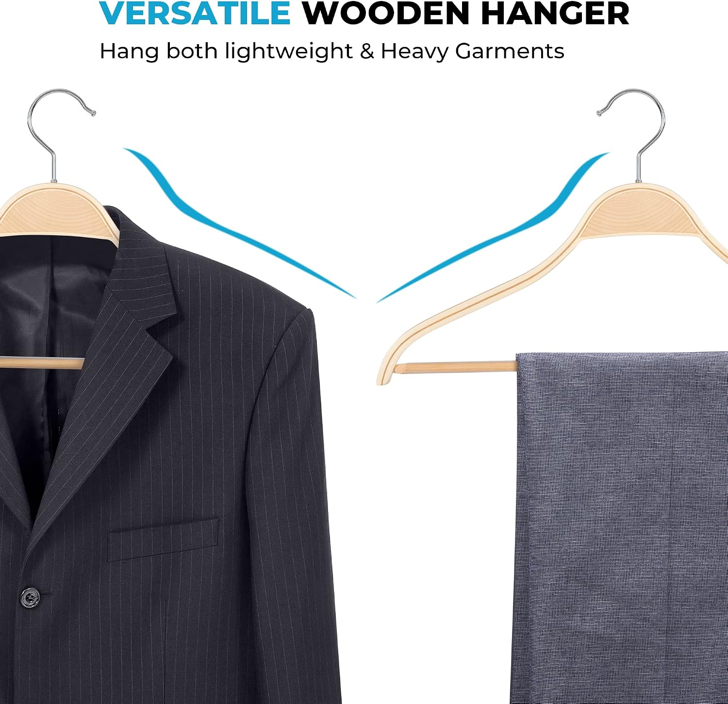 Sleek Wooden Hangers with Non-Slip Rubber Grips, Sweater Hangers No Shoulder Bump, Lightweight Clothes Hangers 30-Pack Bar, 360° Swivel Hook and Pants Bar