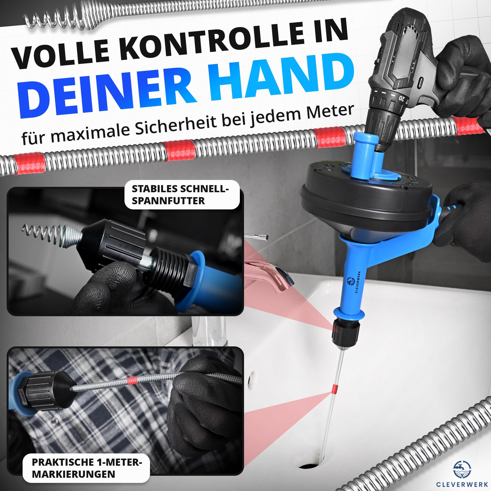 Rohrreinigungsspirale NEU [Spannfutter]7,5m lange Abflussspirale┃ Rohrreiniger Spirale mit Metermarkierungen┃Abflussreiniger Spirale Abfluss Rohrreinigung für Waschbecken, Bad, Küche