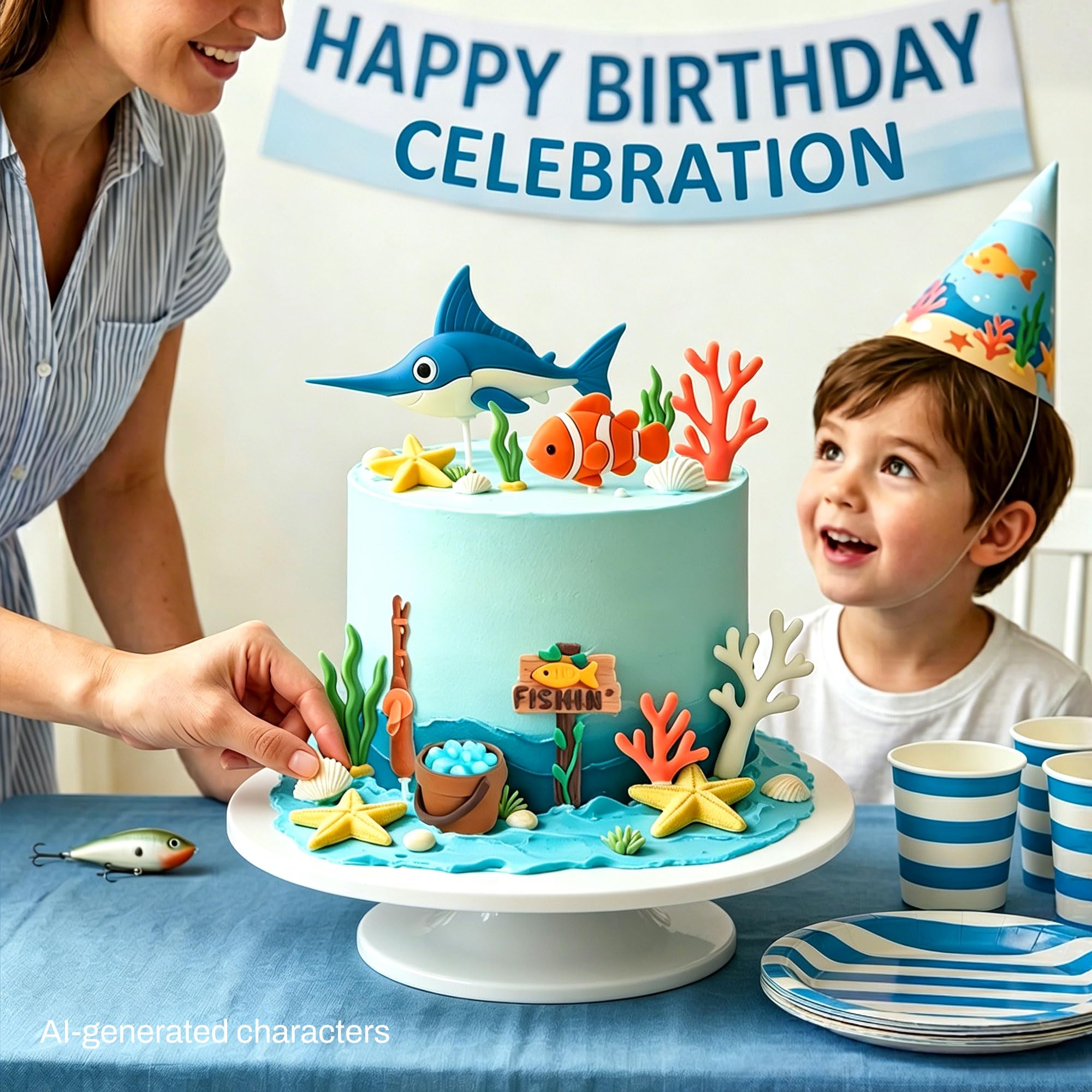 Fishing Cake Topper Fishing Birthday Decorations Gone Fishing Cake Topper, Brown - Image 4
