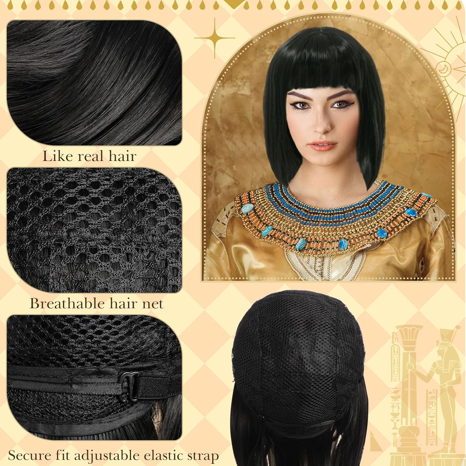 Sureio 9 Pcs Adult Cleopatra Costume for Women, Halloween Egyptian Goddess Dress Cloak Wig Arm Cuff Necklace Collar Earrings - Image 4