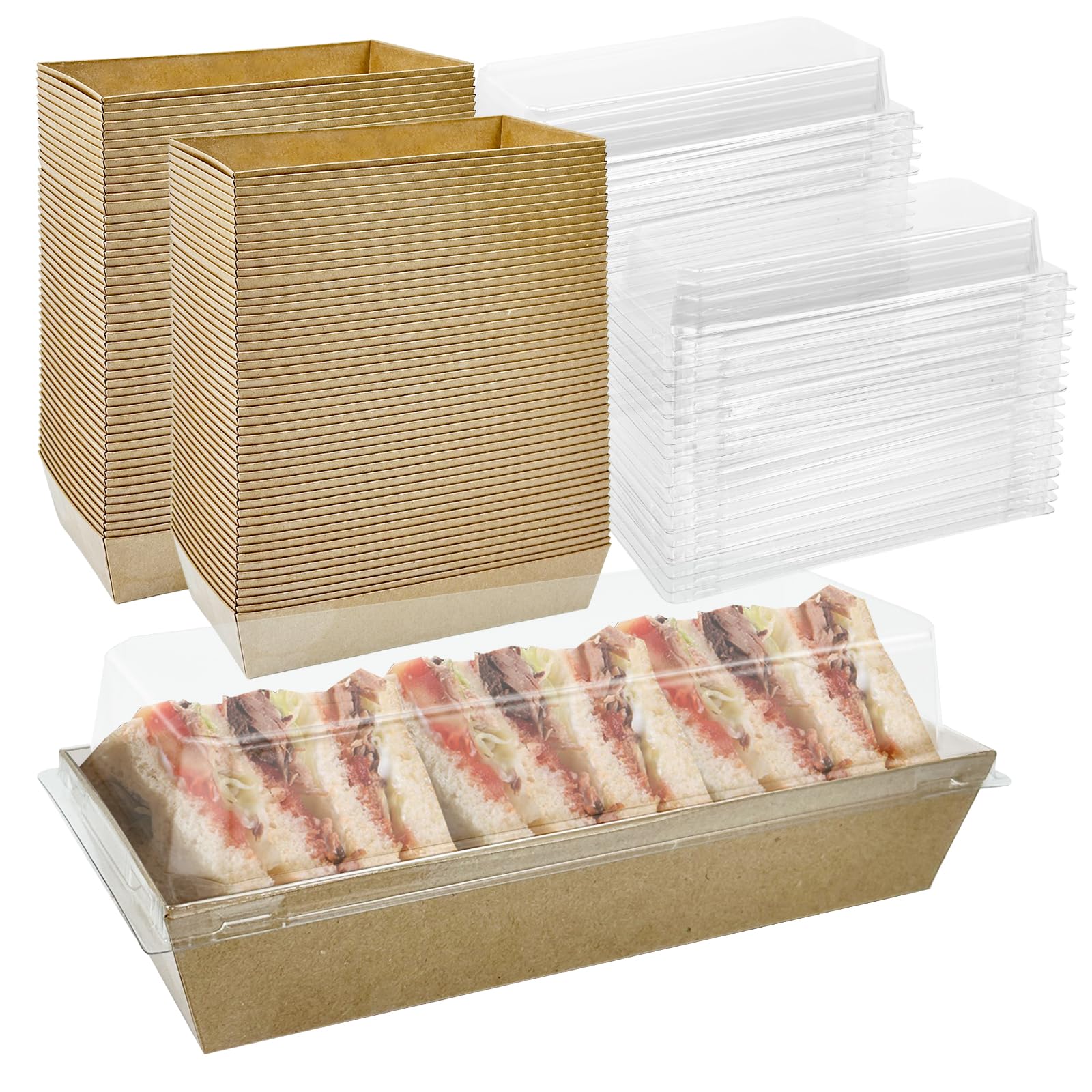 100 Pack Paper Charcuterie Boxes with Clear Lids, Disposable Kraft Sandwich Boxes Food Containers for Bakery, Desserts, Sushi, Strawberries, Cookies, Cookies, Hamburgers (Brown)