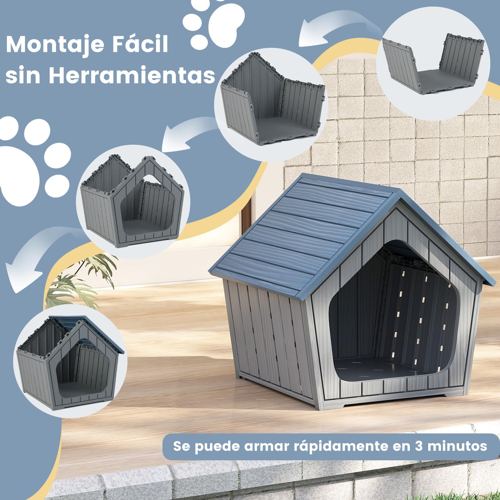 GOPLUS Caseta para Perros de Plástico, Casa para Cachorros y Gatos con Techo Inclinado, Orificios de Ventilación, Base Elevada, Refugio Impermeable de Interior Exterior para Mascotas, 59,5x57x58 cm