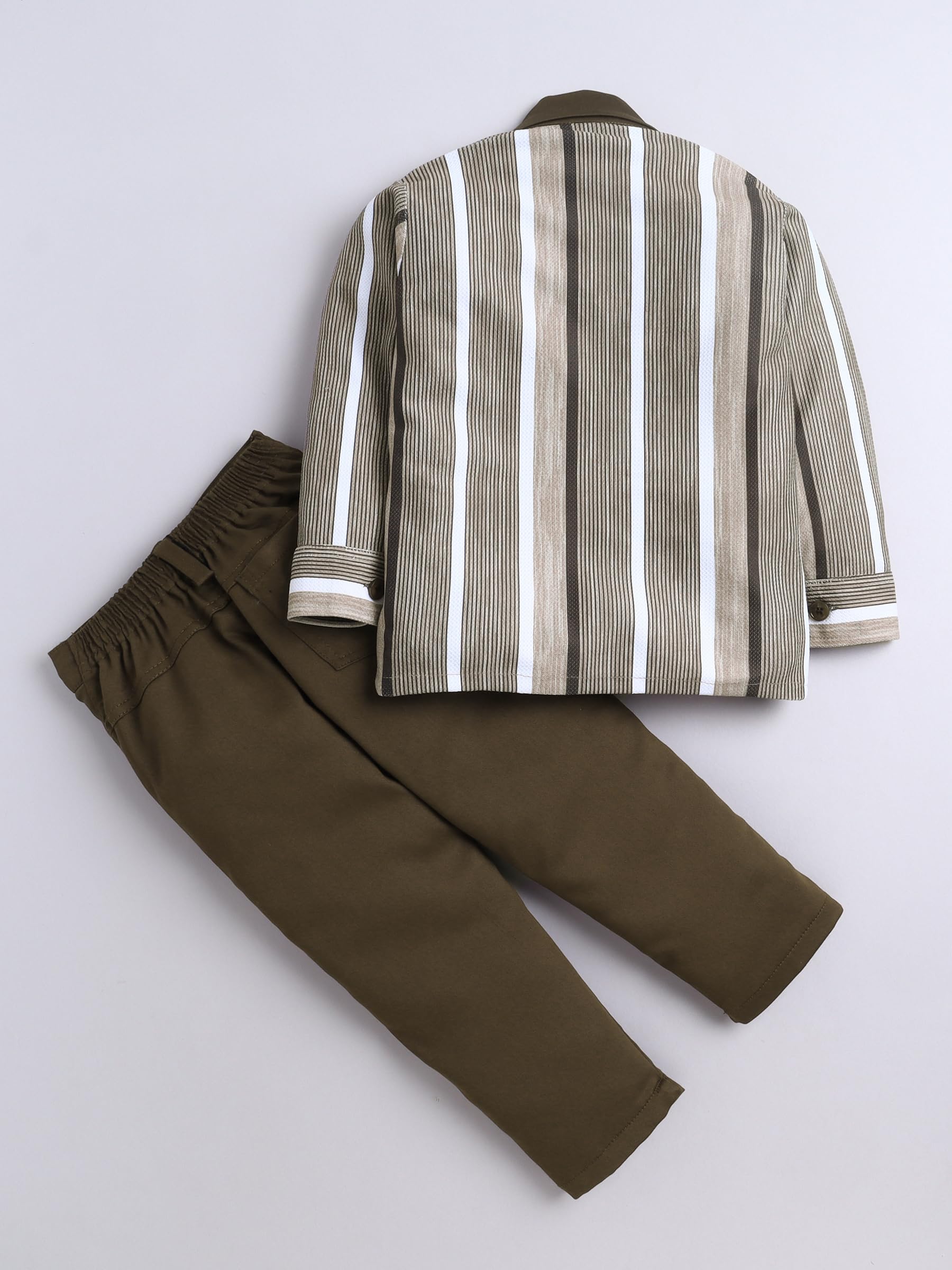 FOURFOLDS Boys Cotton Blend Striped Shirt & Trouser Set With Printed T-shirt- Olive Green 1
